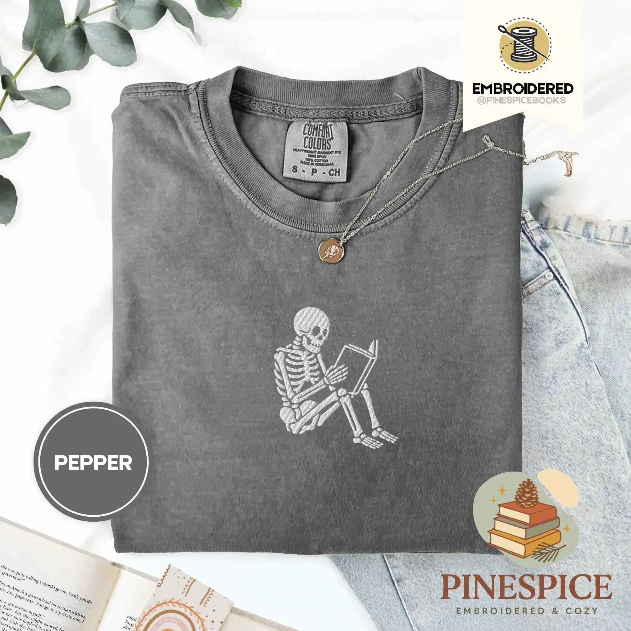 Spooky Season Vibes T-Shirt for Women, Skeleton Coffee Lover Tee, Pumpkin Halloween Fall Autumn Graphic Casual Short Sleeve Top