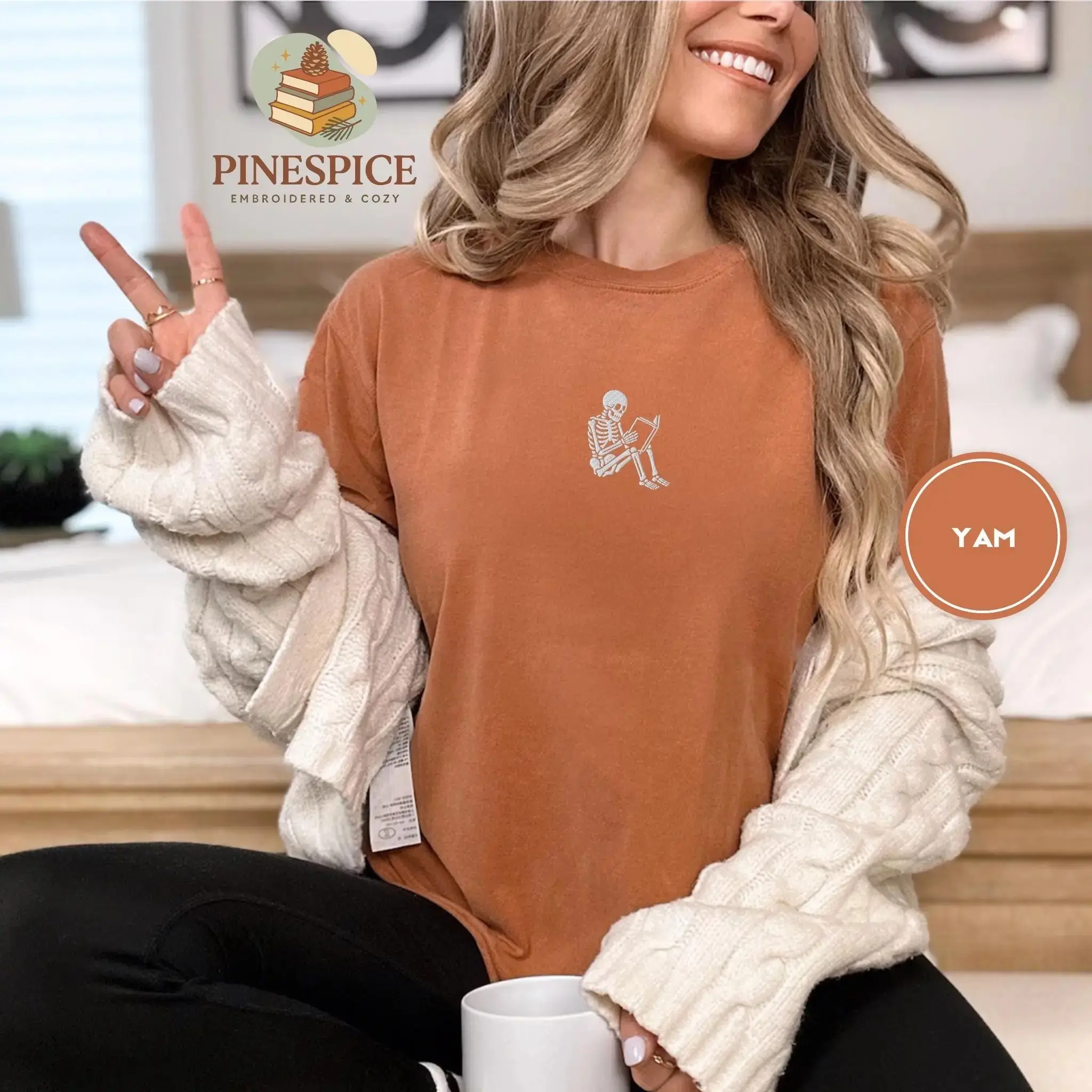 Spooky Season Vibes T-Shirt for Women, Skeleton Coffee Lover Tee, Pumpkin Halloween Fall Autumn Graphic Casual Short Sleeve Top - photo 3