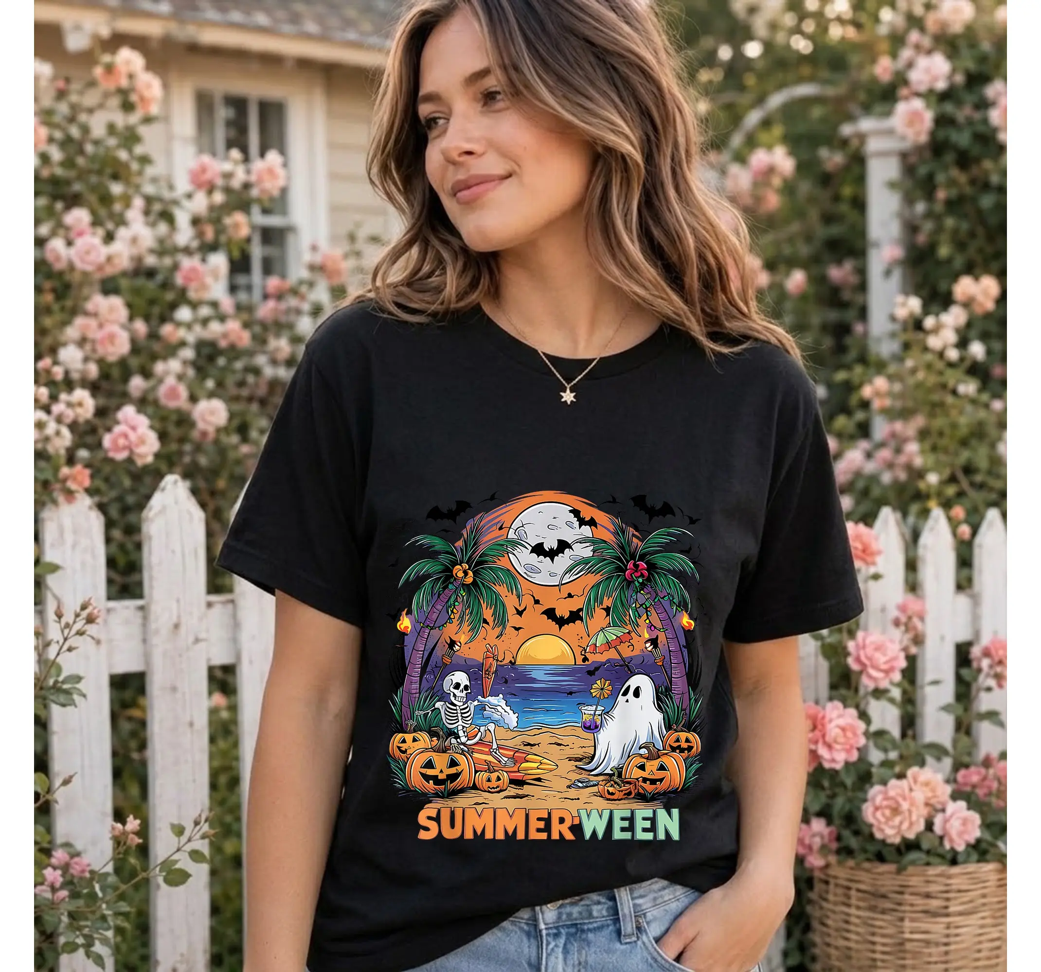 Spooky Skeleton Beach Day Graphic Tee, Summerween Tropical Halloween Party T-Shirt