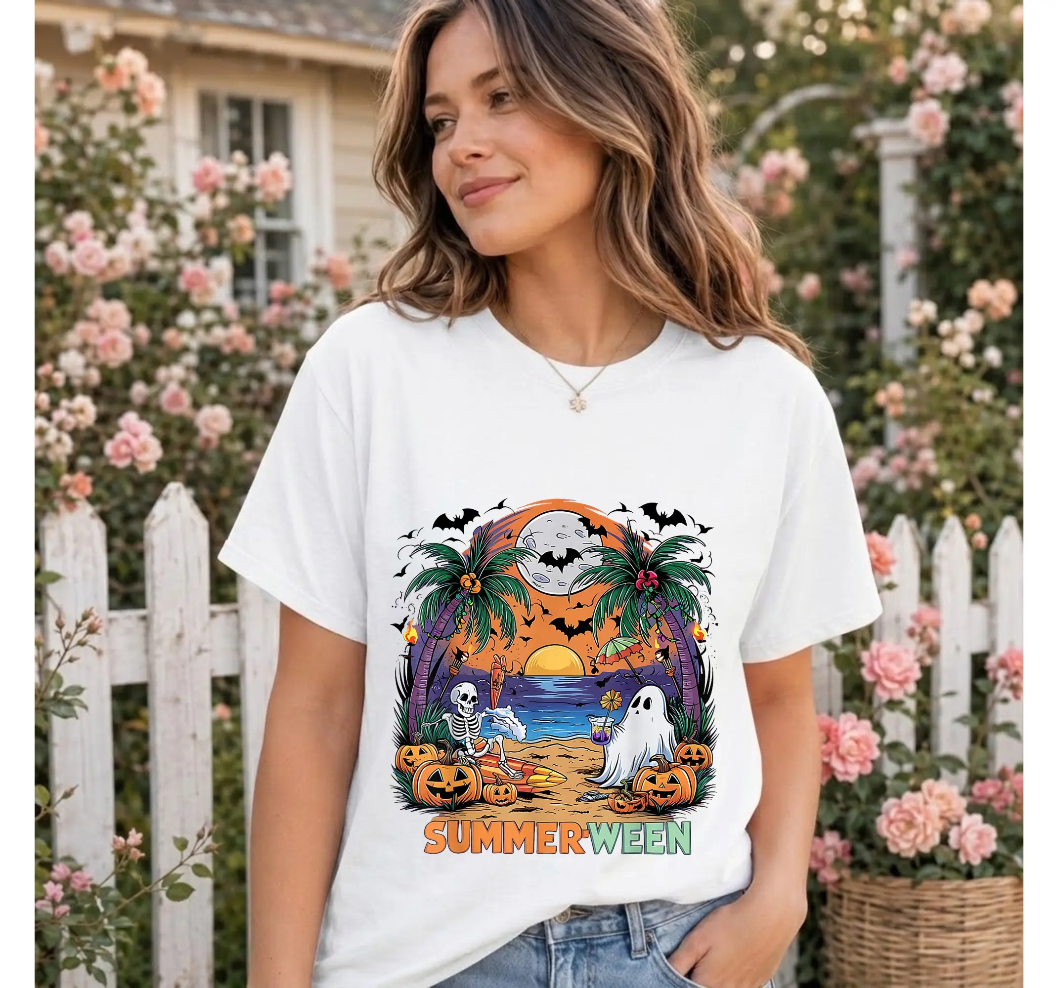 Spooky Skeleton Beach Day Graphic Tee, Summerween Tropical Halloween Party T-Shirt - photo 2