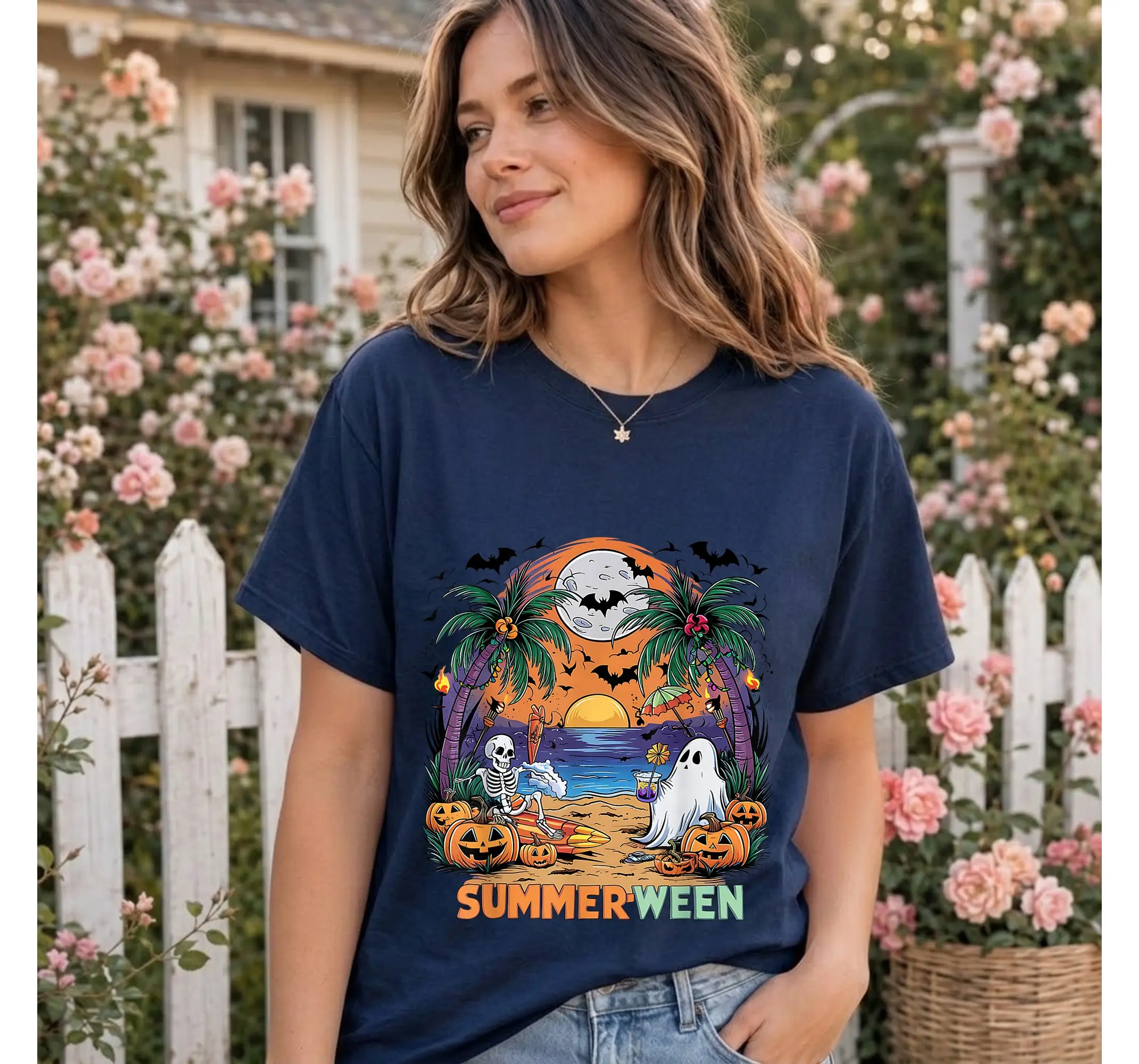 Spooky Skeleton Beach Day Graphic Tee, Summerween Tropical Halloween Party T-Shirt - photo 3
