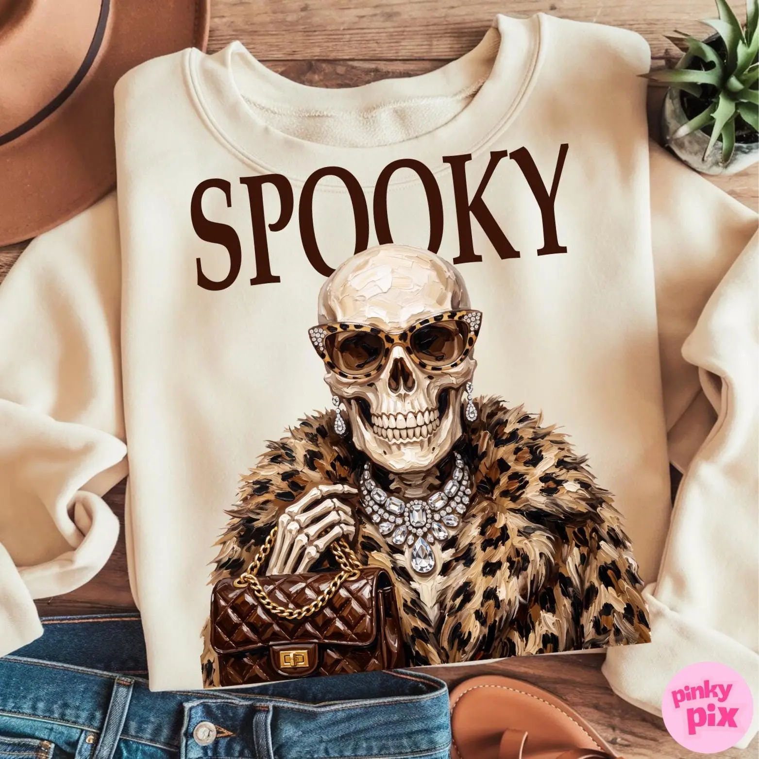 Spooky Skeleton Halloween Sweatshirt for Women, Leopard Print Boujee Luxury Chic Glam Bling Pullover Crewneck