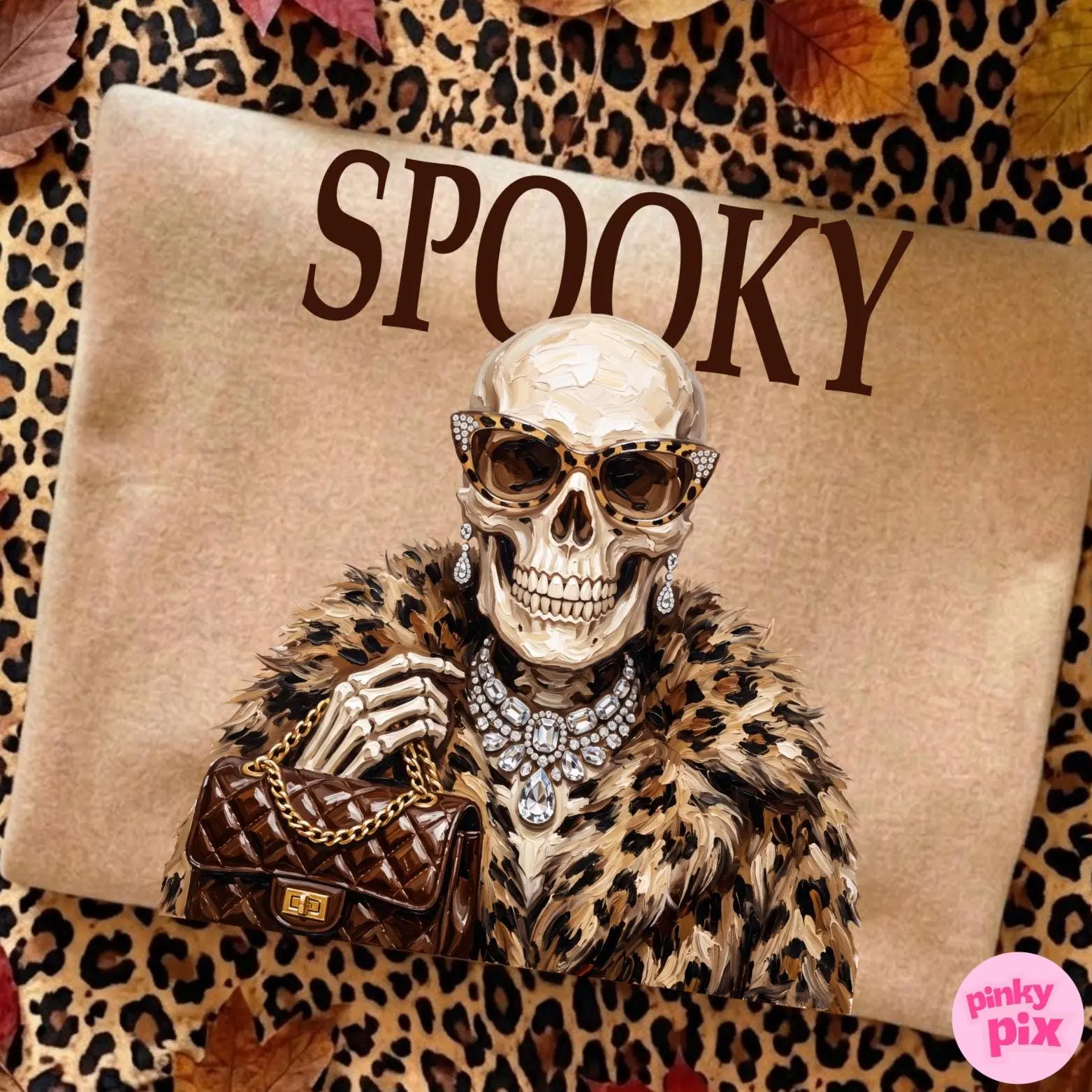 Spooky Skeleton Halloween Sweatshirt for Women, Leopard Print Boujee Luxury Chic Glam Bling Pullover Crewneck - photo 2