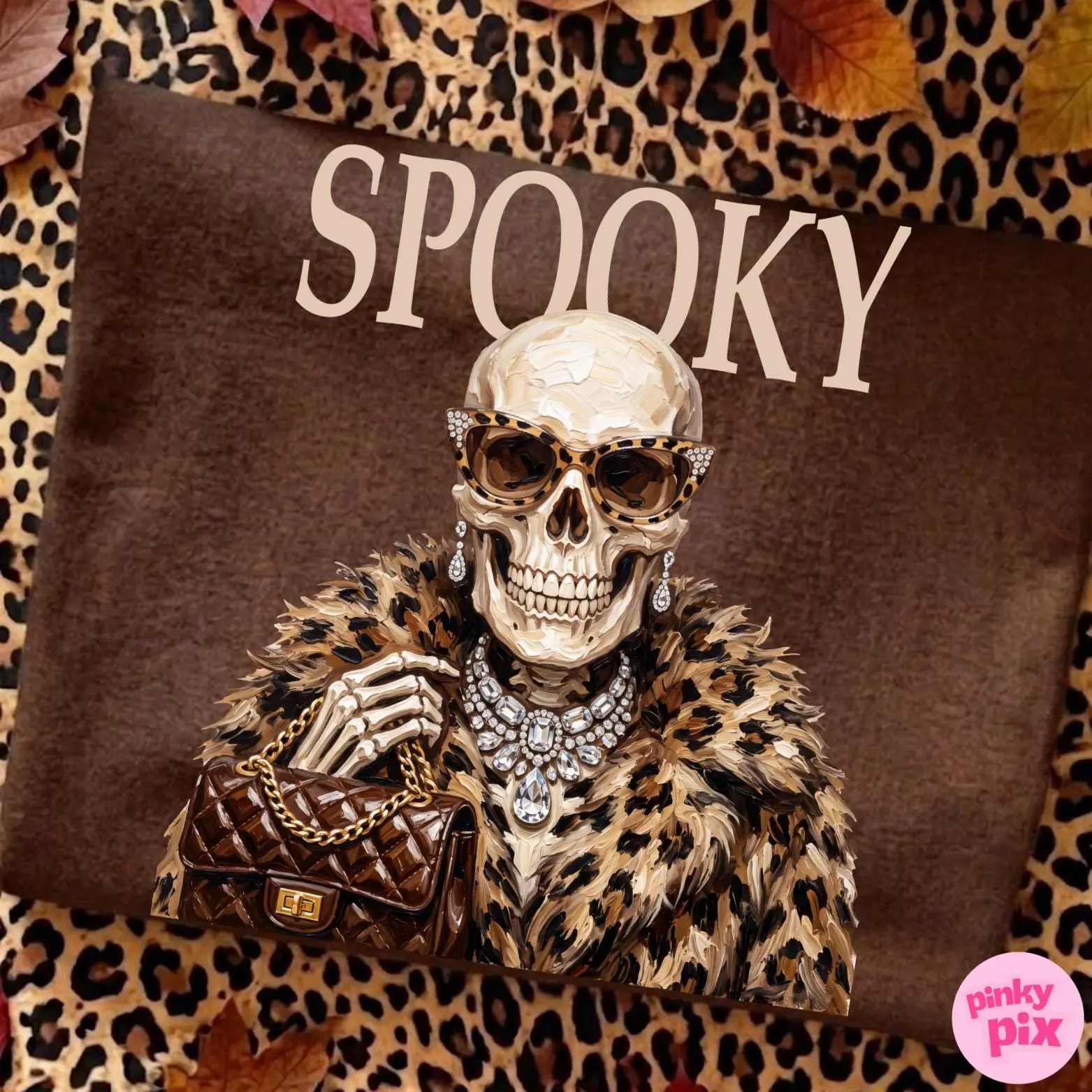 Spooky Skeleton Halloween Sweatshirt for Women, Leopard Print Boujee Luxury Chic Glam Bling Pullover Crewneck - photo 3