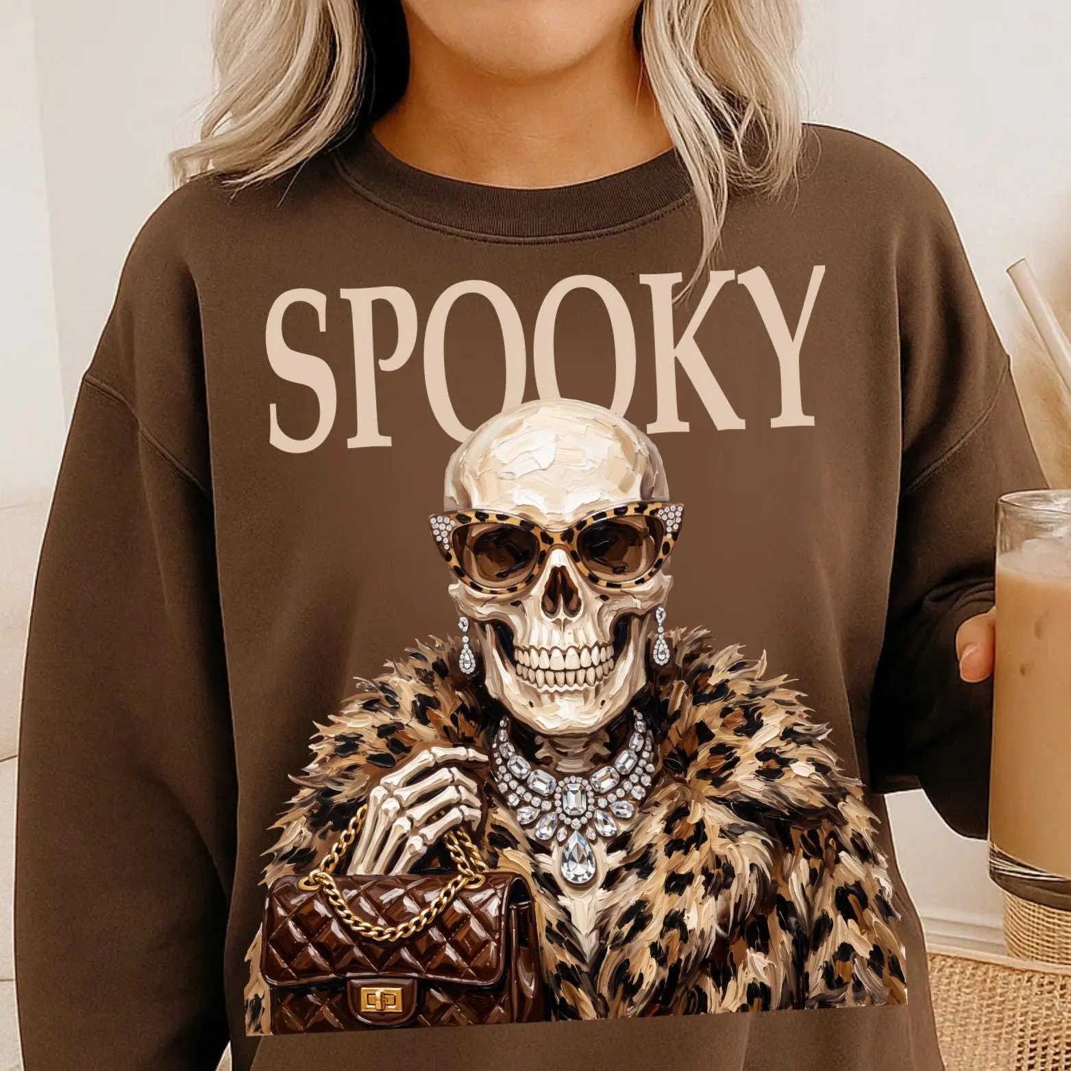 Spooky Skeleton Halloween Sweatshirt for Women, Leopard Print Boujee Luxury Chic Glam Bling Pullover Crewneck - photo 4
