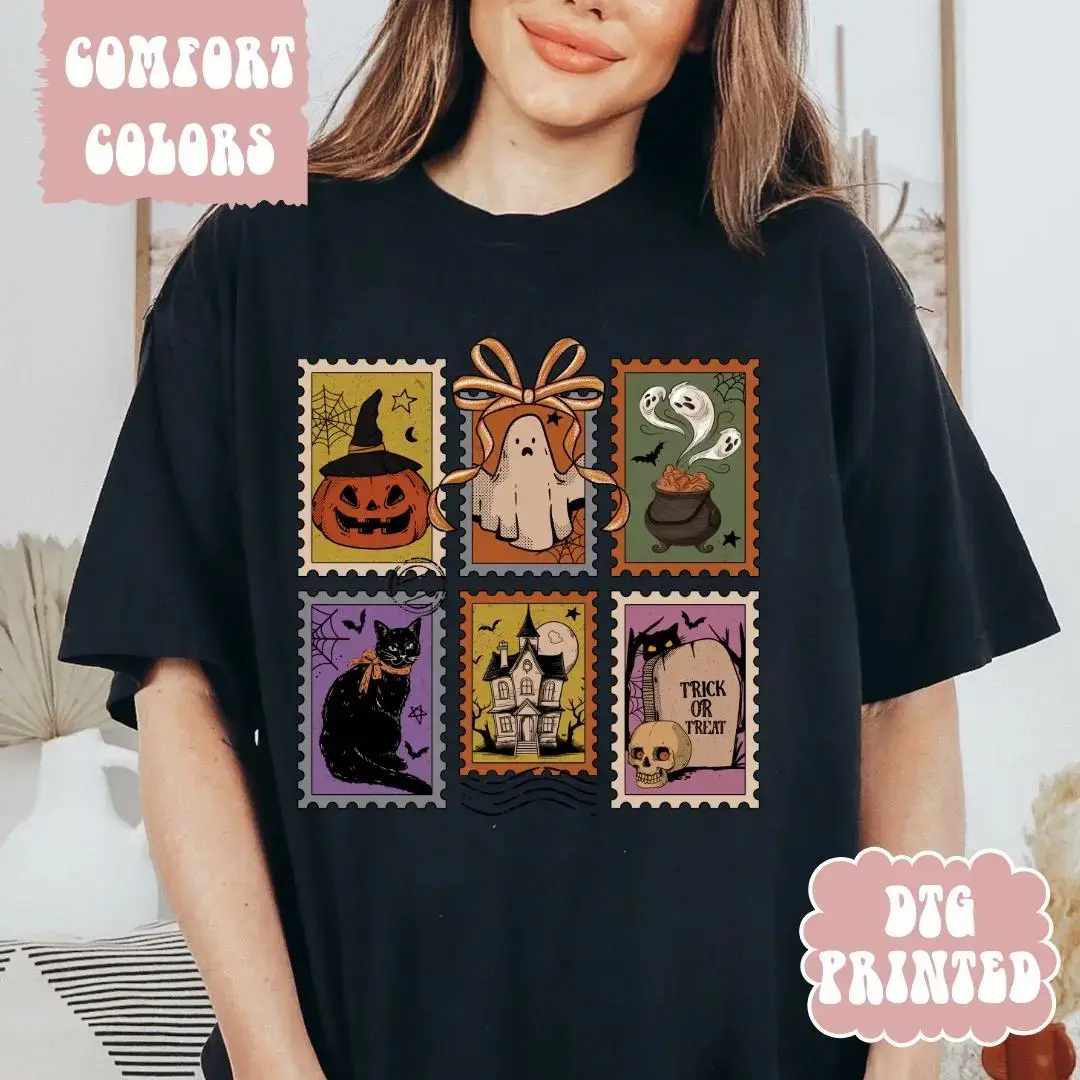 Spooky Stamps Halloween Shirt, Cat Ghost Retro Unisex Relaxed Fit Cotton Boho Chic Fall Graphic Tee