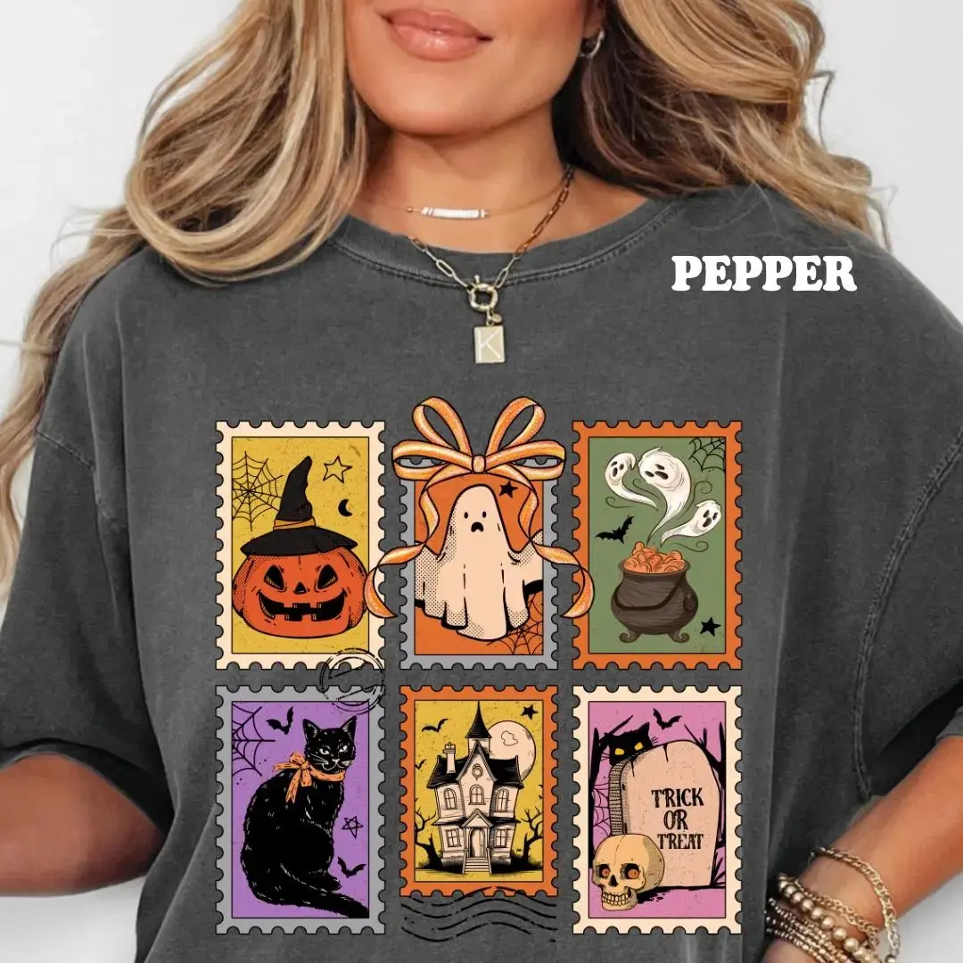 Spooky Stamps Halloween Shirt, Cat Ghost Retro Unisex Relaxed Fit Cotton Boho Chic Fall Graphic Tee - photo 2