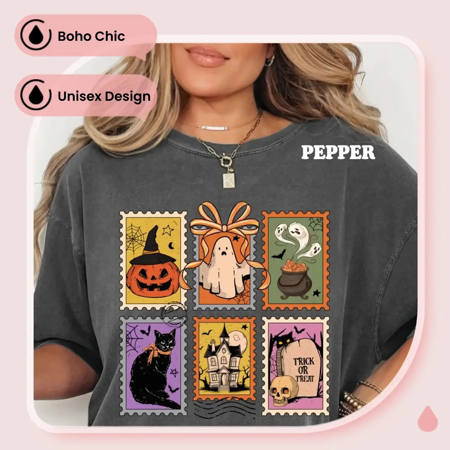 Spooky Stamps Halloween Shirt, Cat Ghost Retro Unisex Relaxed Fit Cotton Boho Chic Fall Graphic Tee - photo 3