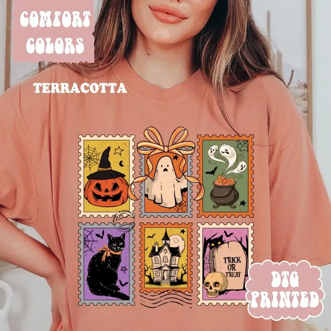 Spooky Stamps Halloween Shirt, Cat Ghost Retro Unisex Relaxed Fit Cotton Boho Chic Fall Graphic Tee - photo 4