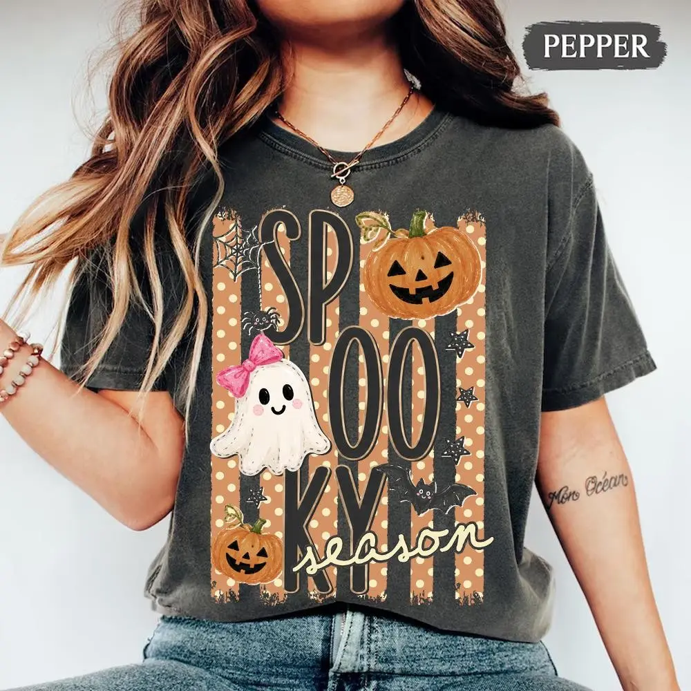 Spooky Striped Halloween Ghost Shirt, Coquette Pumpkin Bats Distressed Trendy Fall Graphic Tee