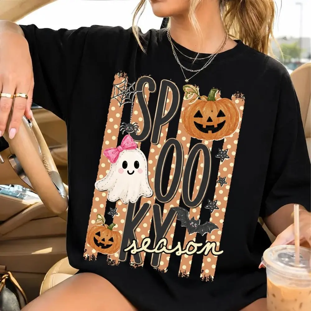 Spooky Striped Halloween Ghost Shirt, Coquette Pumpkin Bats Distressed Trendy Fall Graphic Tee - photo 2