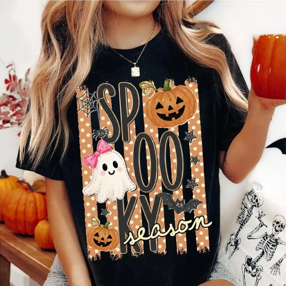 Spooky Striped Halloween Ghost Shirt, Coquette Pumpkin Bats Distressed Trendy Fall Graphic Tee - photo 3