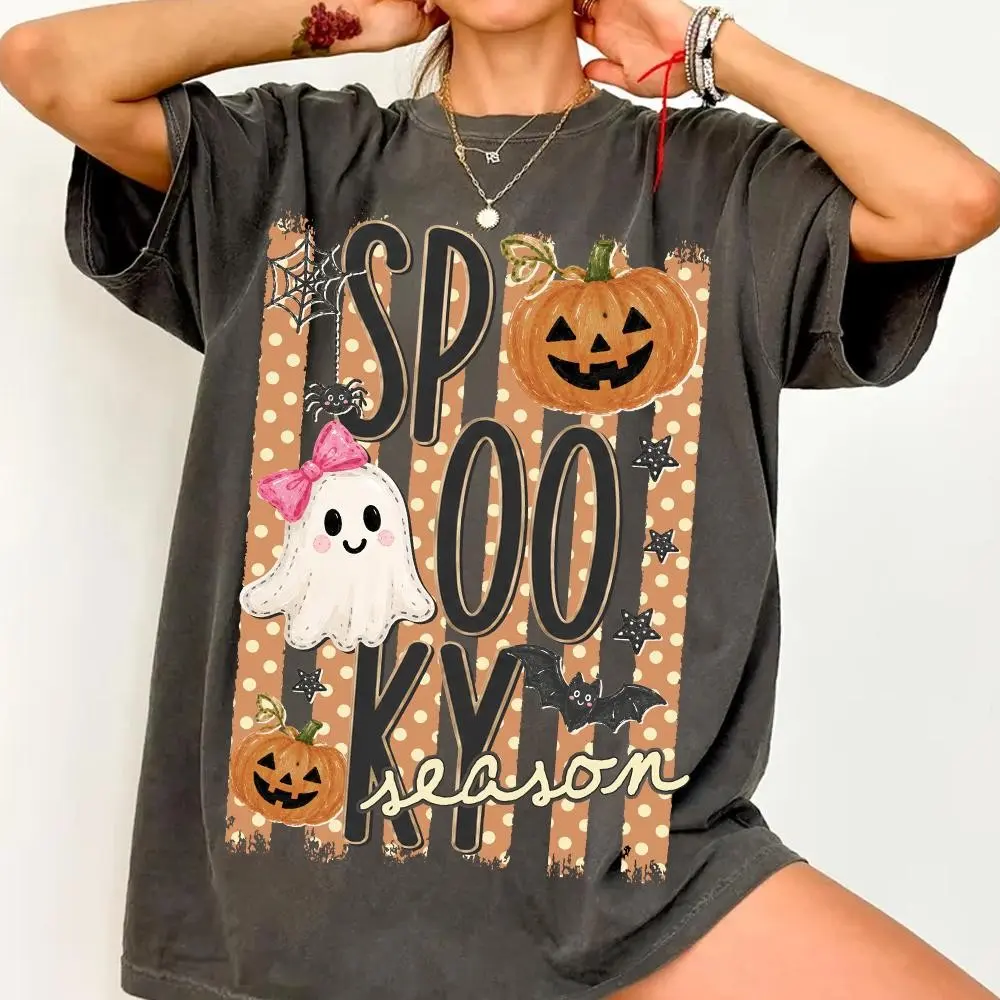 Spooky Striped Halloween Ghost Shirt, Coquette Pumpkin Bats Distressed Trendy Fall Graphic Tee - photo 4