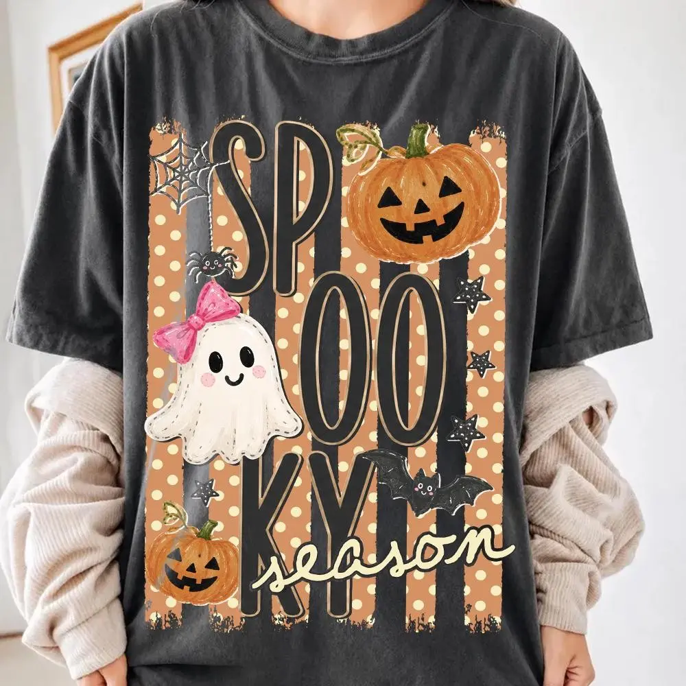 Spooky Striped Halloween Ghost Shirt, Coquette Pumpkin Bats Distressed Trendy Fall Graphic Tee - photo 5