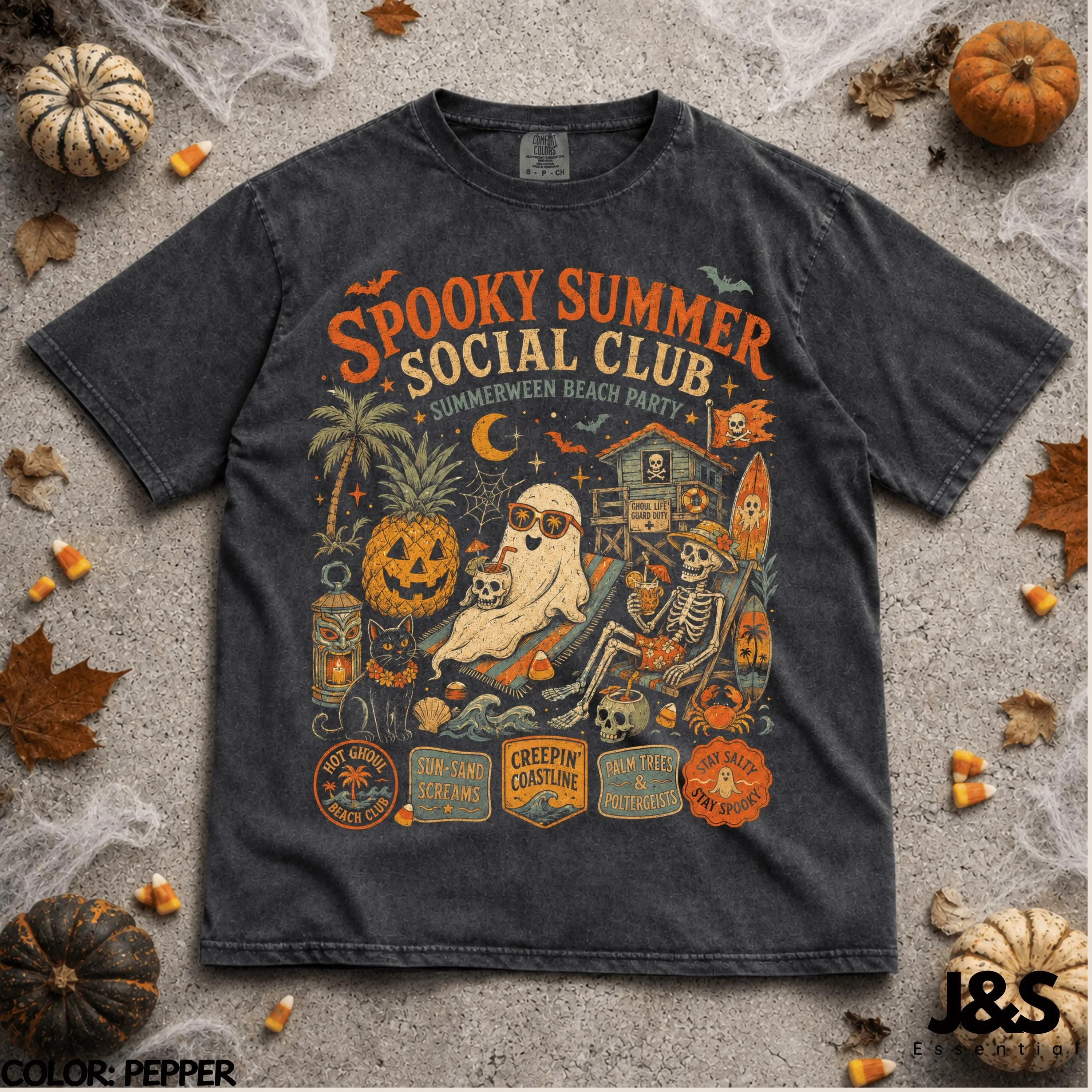 Spooky Summer Social Club Shirt, Summerween Halloween Tee, Ghost Skeleton Pumpkin Beach Retro Surf Graphic Gift