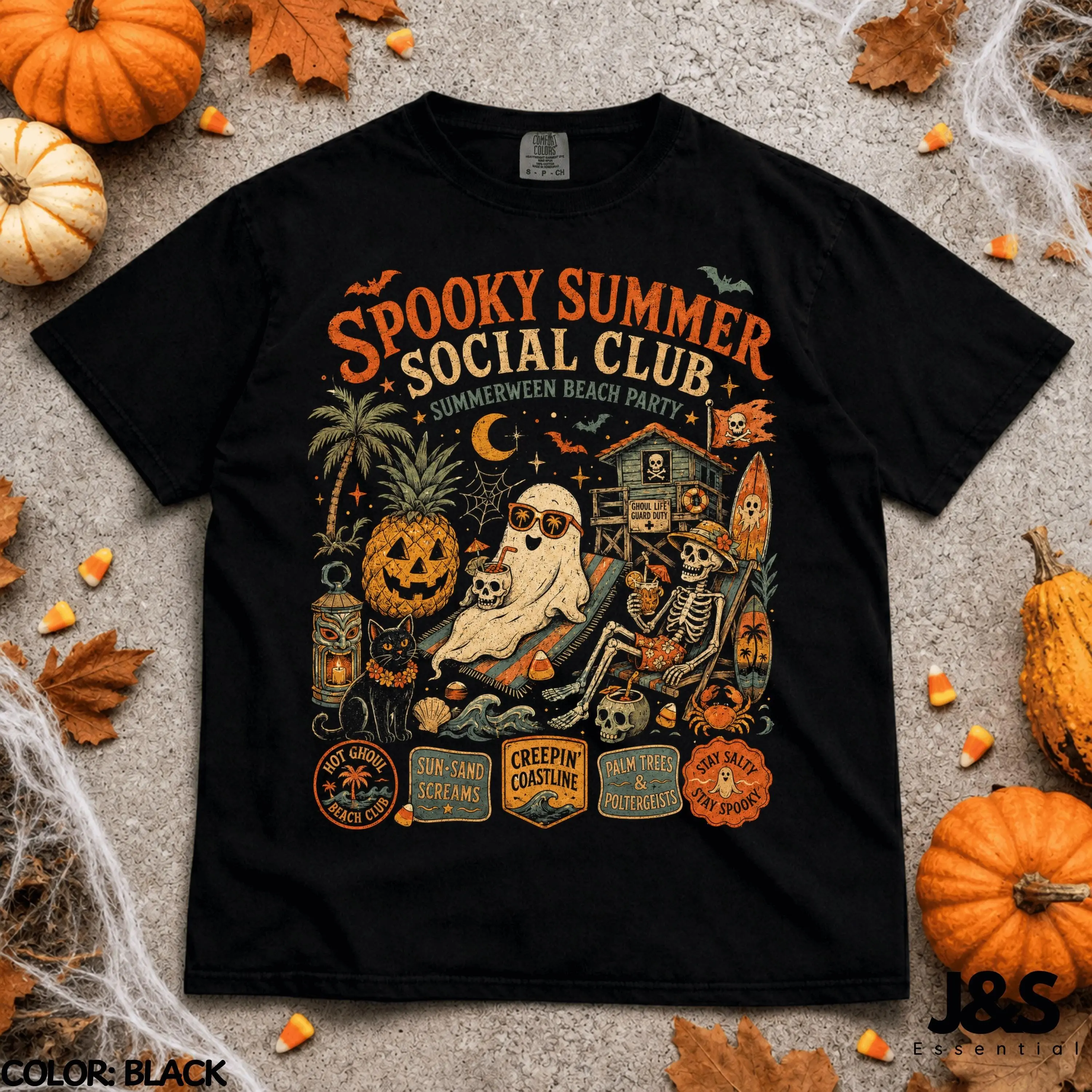 Spooky Summer Social Club Shirt, Summerween Halloween Tee, Ghost Skeleton Pumpkin Beach Retro Surf Graphic Gift - photo 3