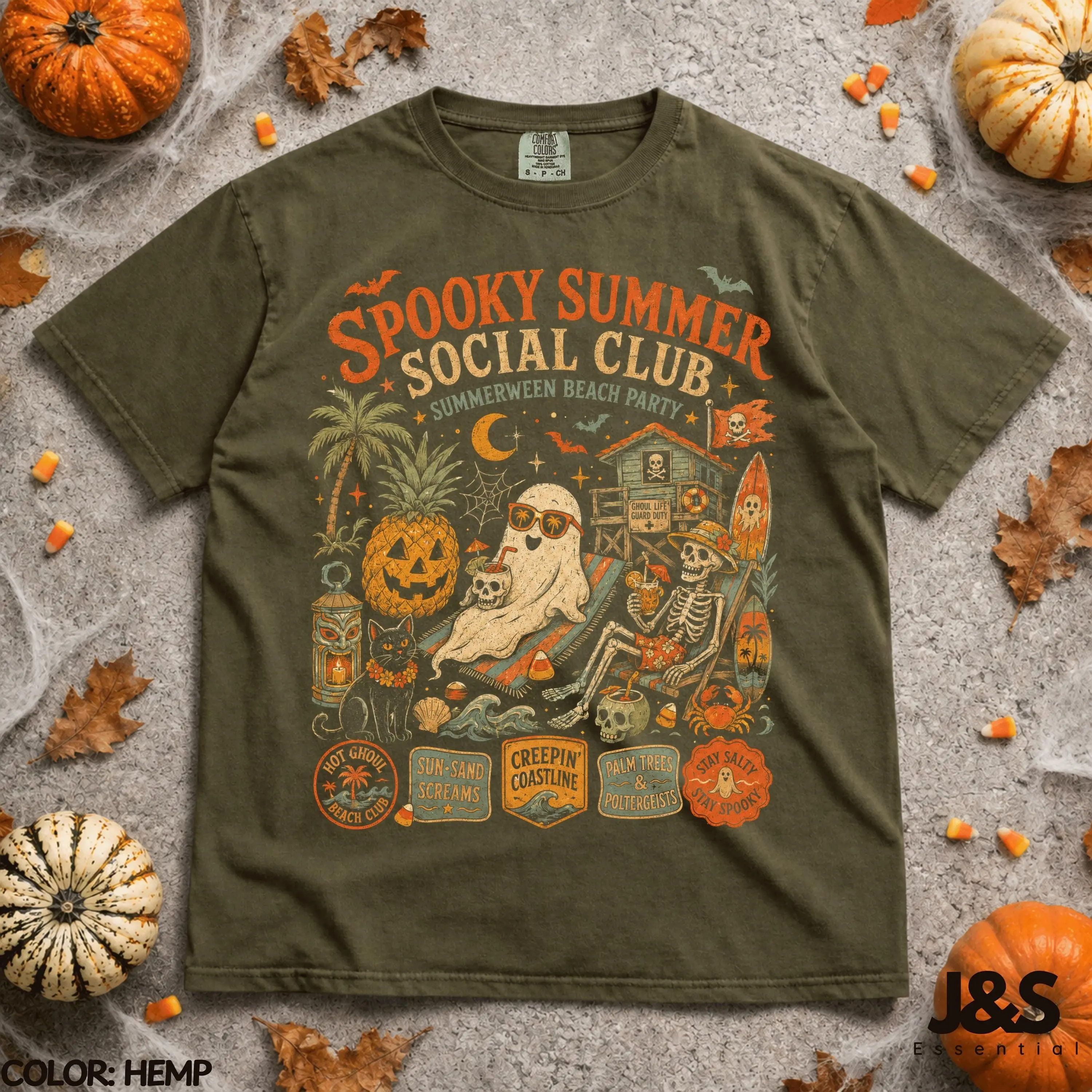 Spooky Summer Social Club Shirt, Summerween Halloween Tee, Ghost Skeleton Pumpkin Beach Retro Surf Graphic Gift - photo 4