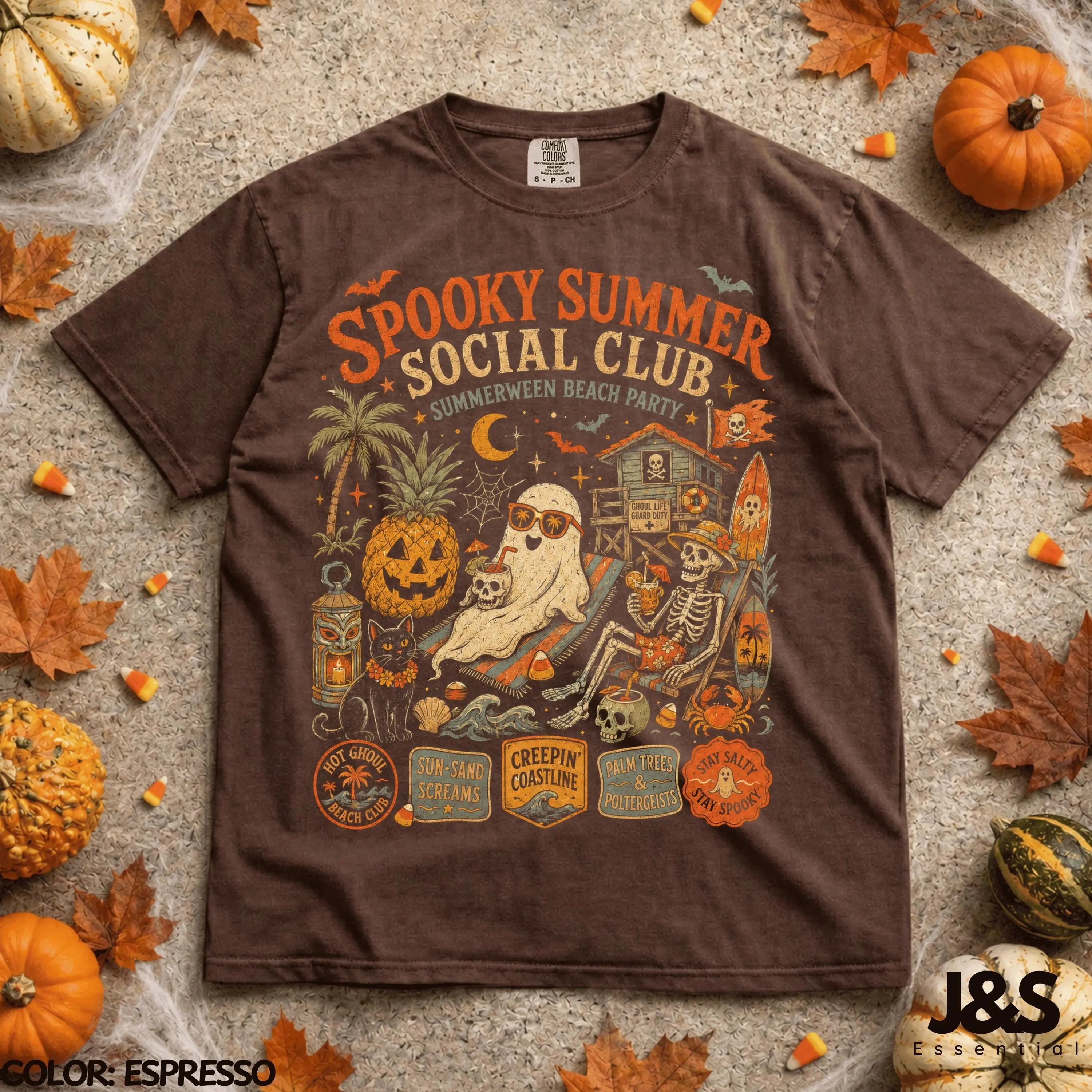 Spooky Summer Social Club Shirt, Summerween Halloween Tee, Ghost Skeleton Pumpkin Beach Retro Surf Graphic Gift - photo 5