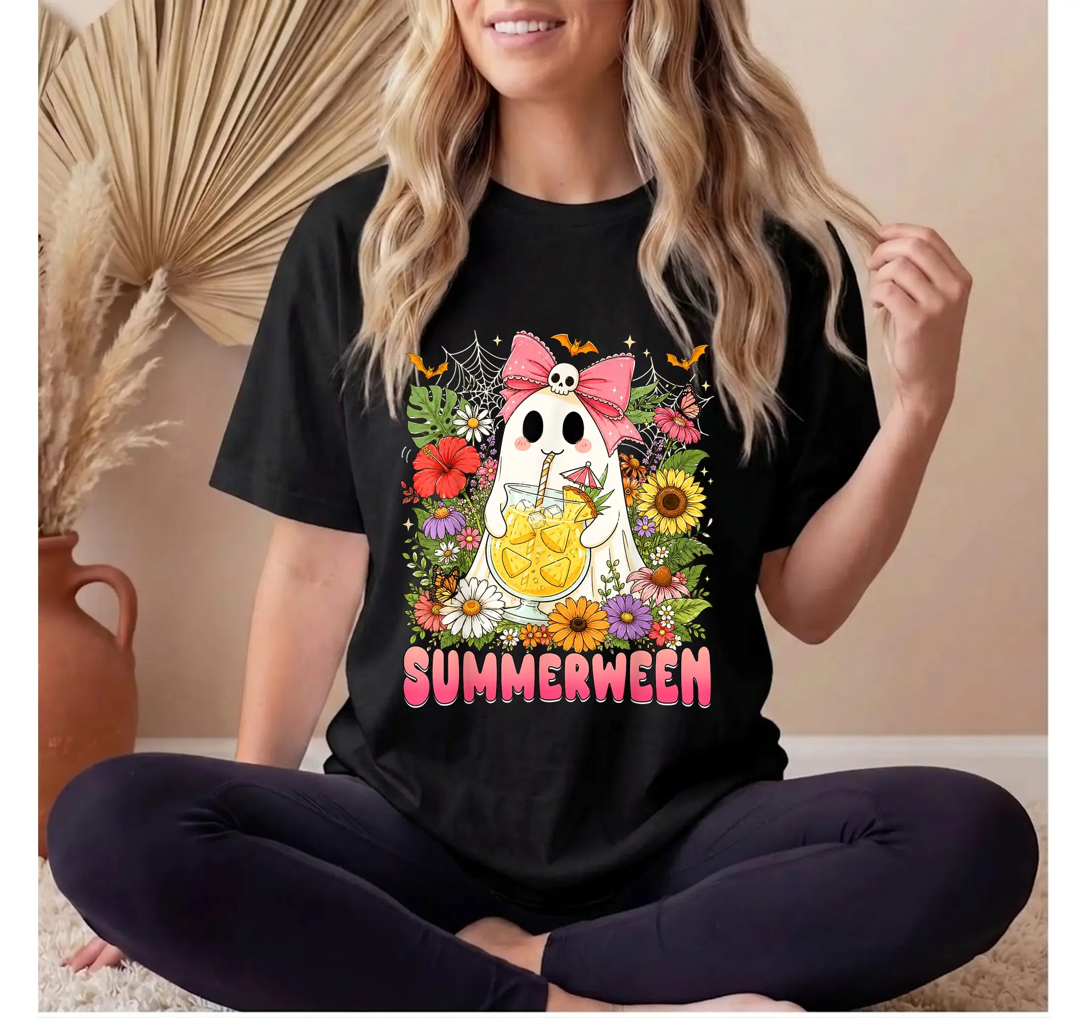 Spooky Summerween Floral Ghost Tee, Cute Halloween Summer Shirt for Women