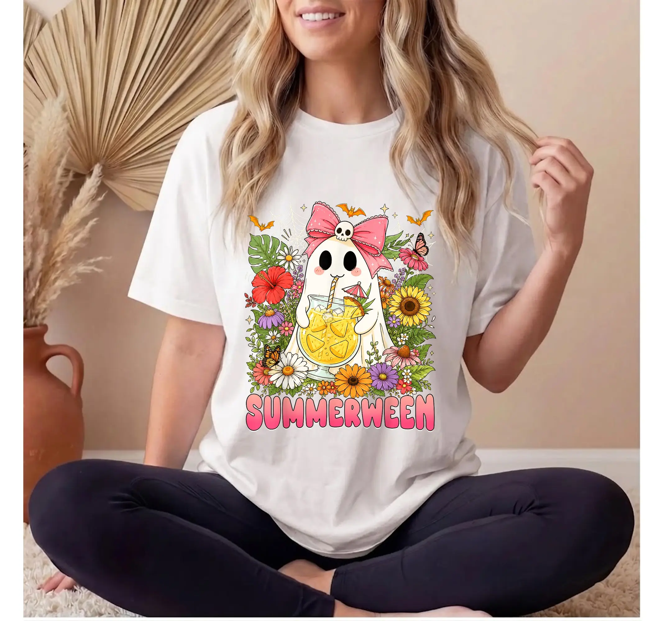 Spooky Summerween Floral Ghost Tee, Cute Halloween Summer Shirt for Women - photo 2