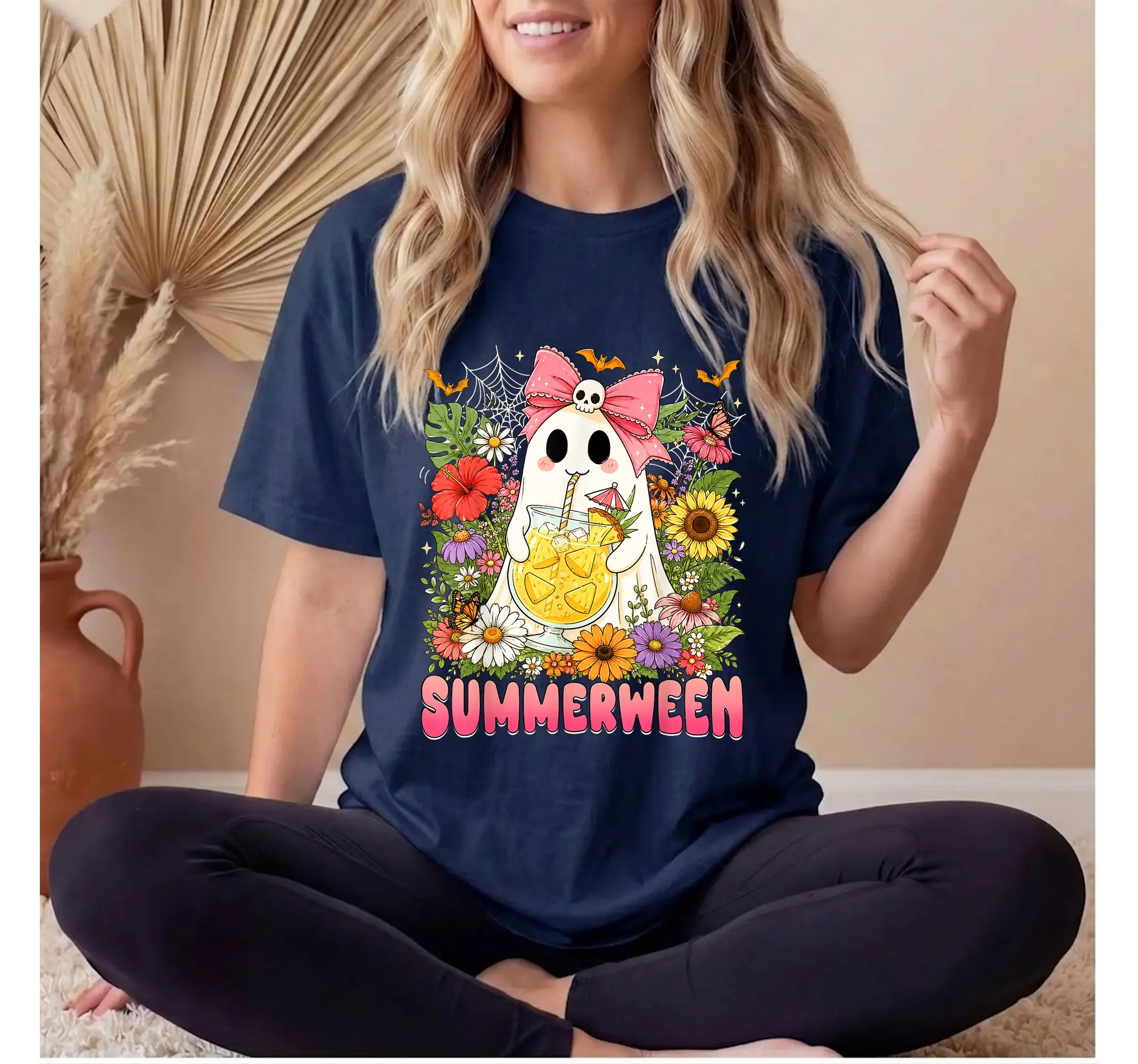 Spooky Summerween Floral Ghost Tee, Cute Halloween Summer Shirt for Women - photo 3