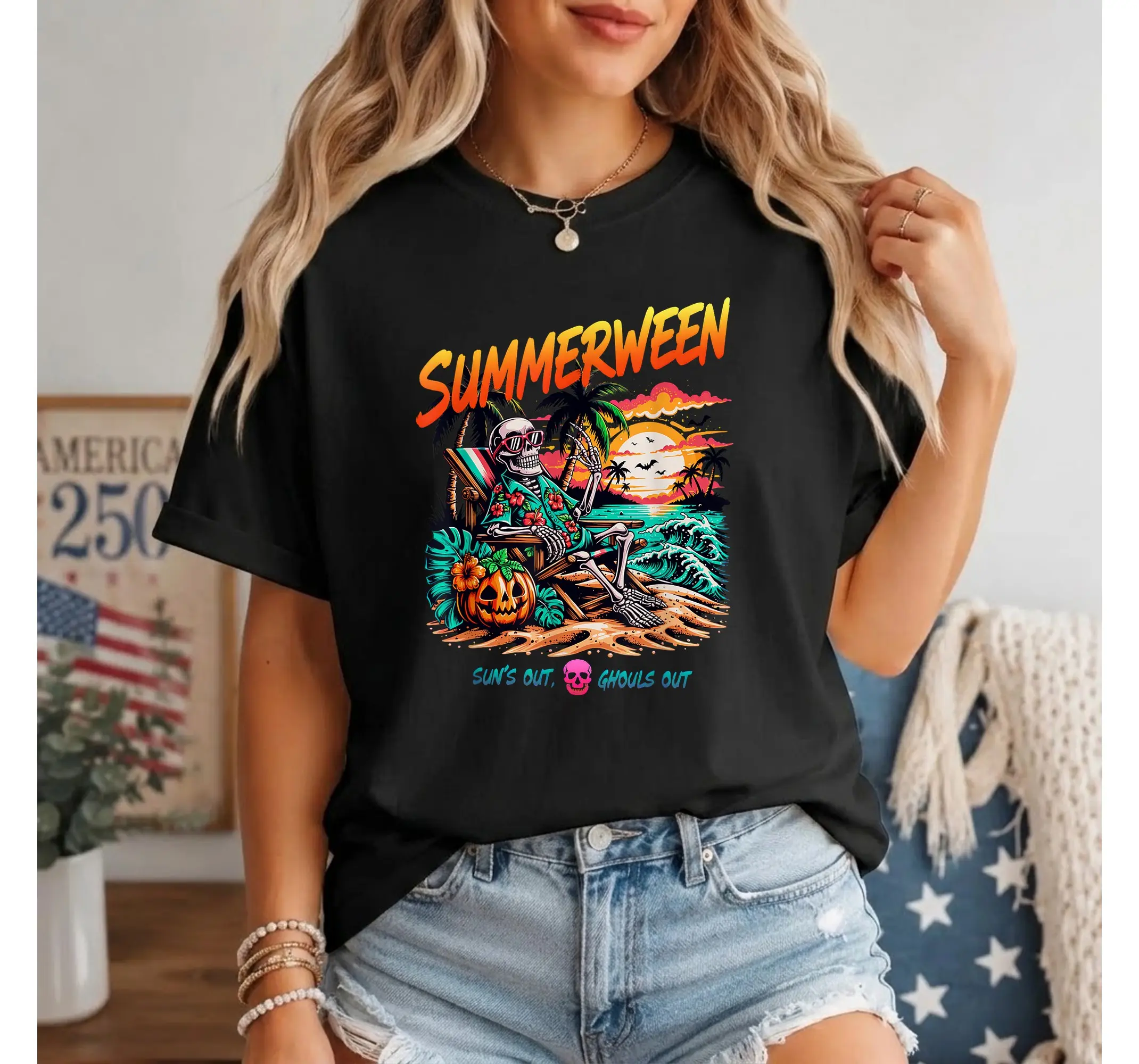 Spooky Summerween Shirt, Chillin Skeleton Beach Graphic Tee, Funny Halloween Summer Top - photo 2
