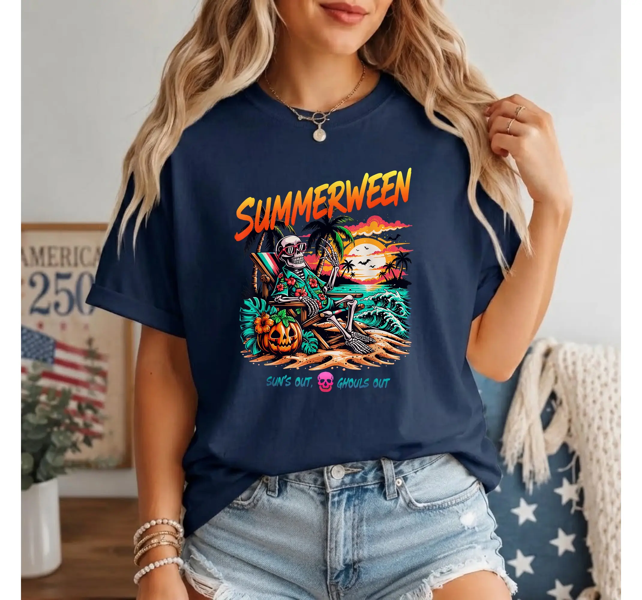Spooky Summerween Shirt, Chillin Skeleton Beach Graphic Tee, Funny Halloween Summer Top - photo 3