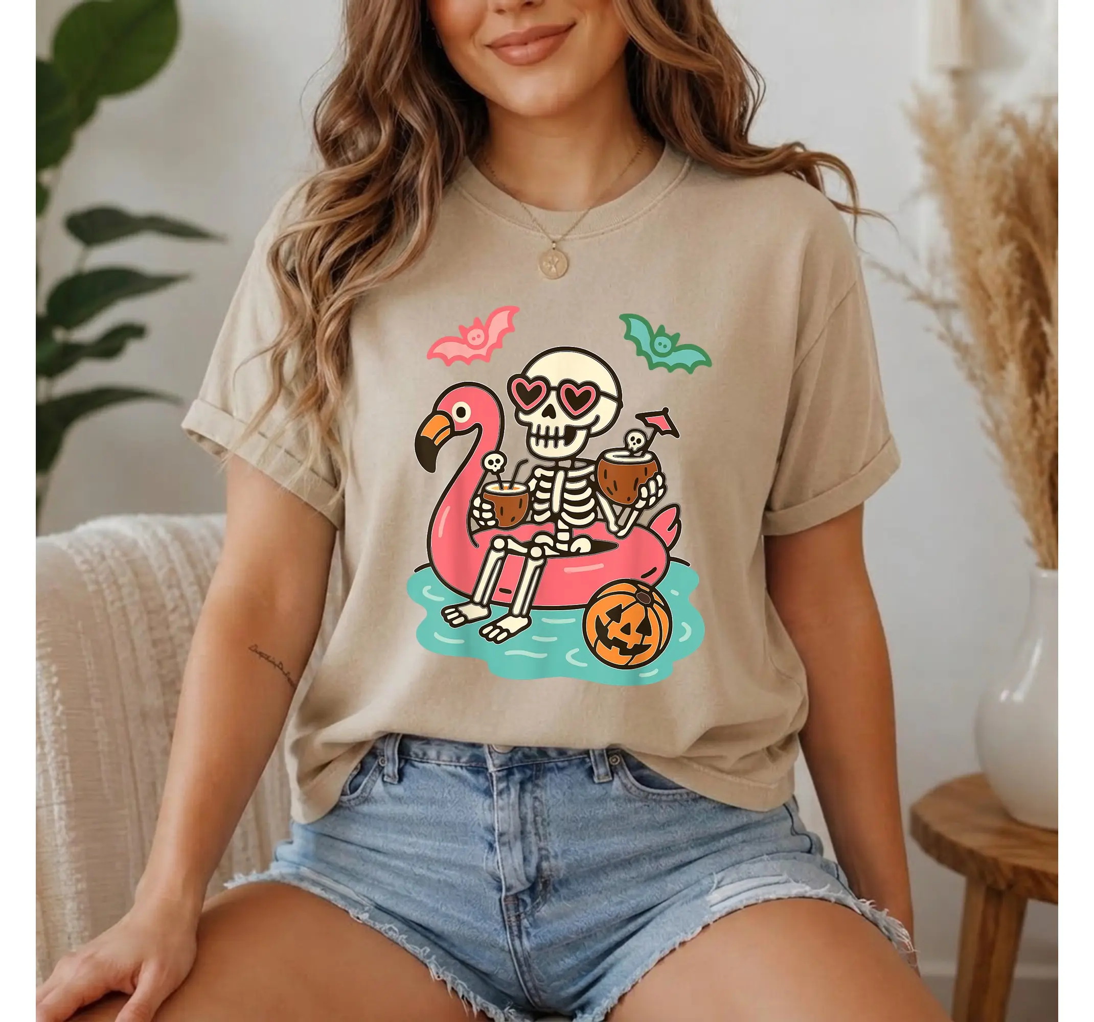 Spooky Summerween Skeleton Shirt, Cute Flamingo Float Halloween Summer Graphic Tee