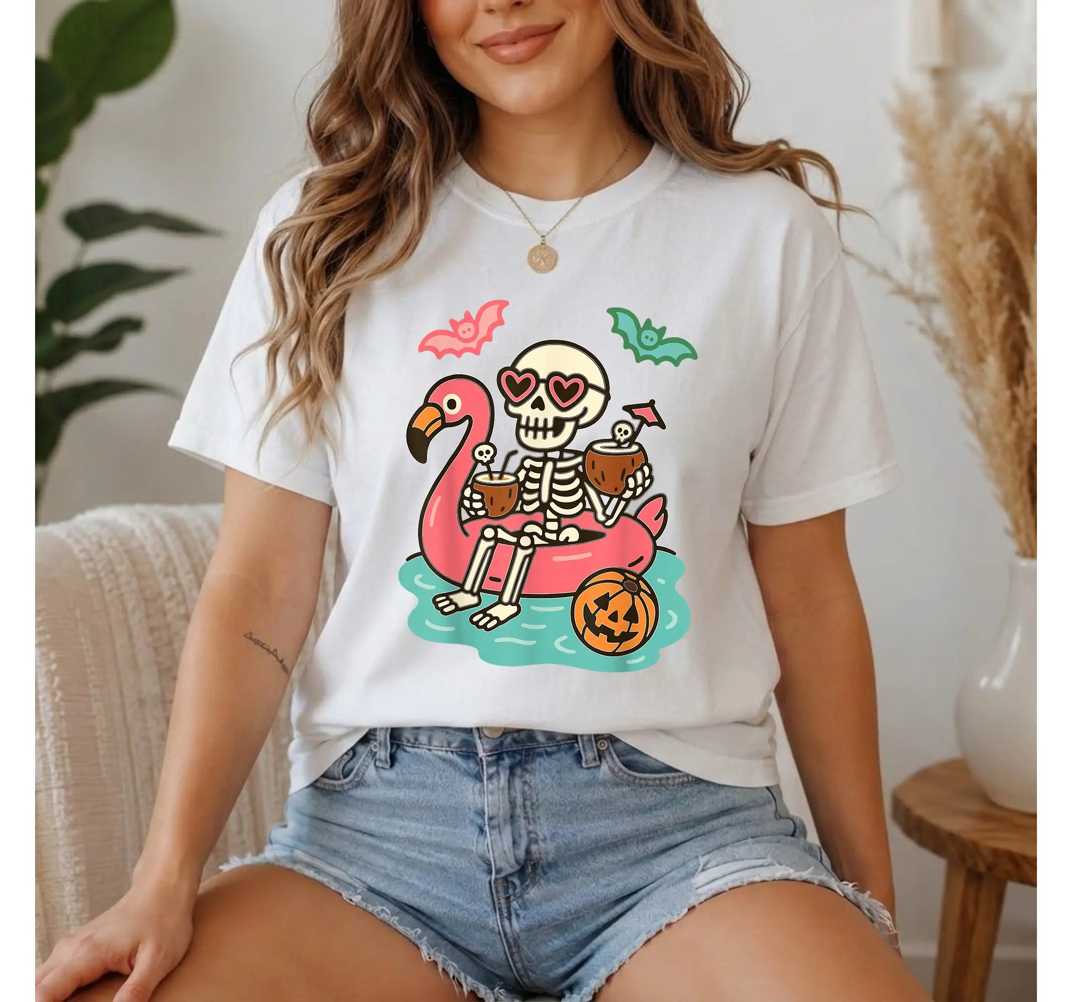 Spooky Summerween Skeleton Shirt, Cute Flamingo Float Halloween Summer Graphic Tee - photo 2