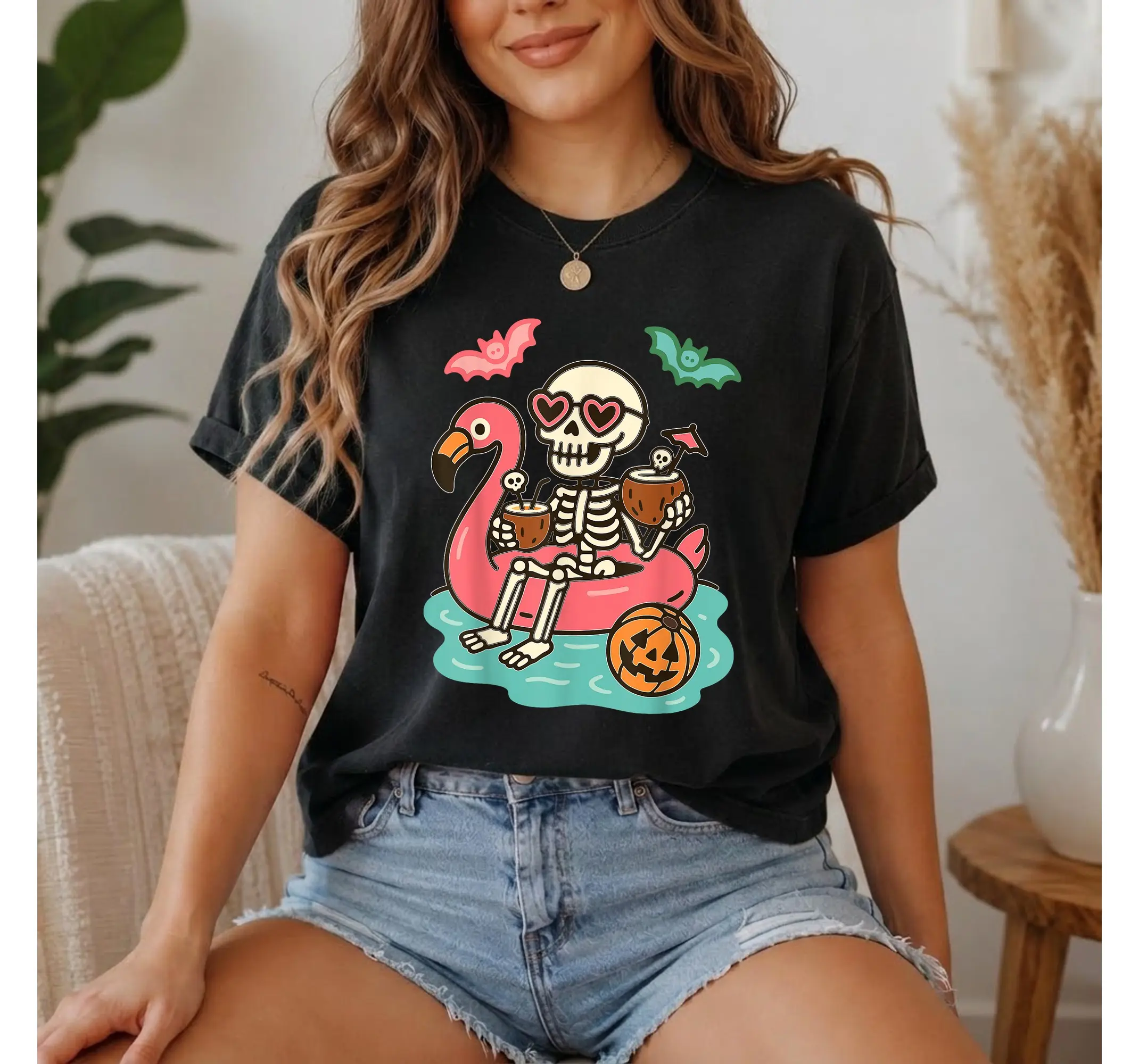 Spooky Summerween Skeleton Shirt, Cute Flamingo Float Halloween Summer Graphic Tee - photo 3