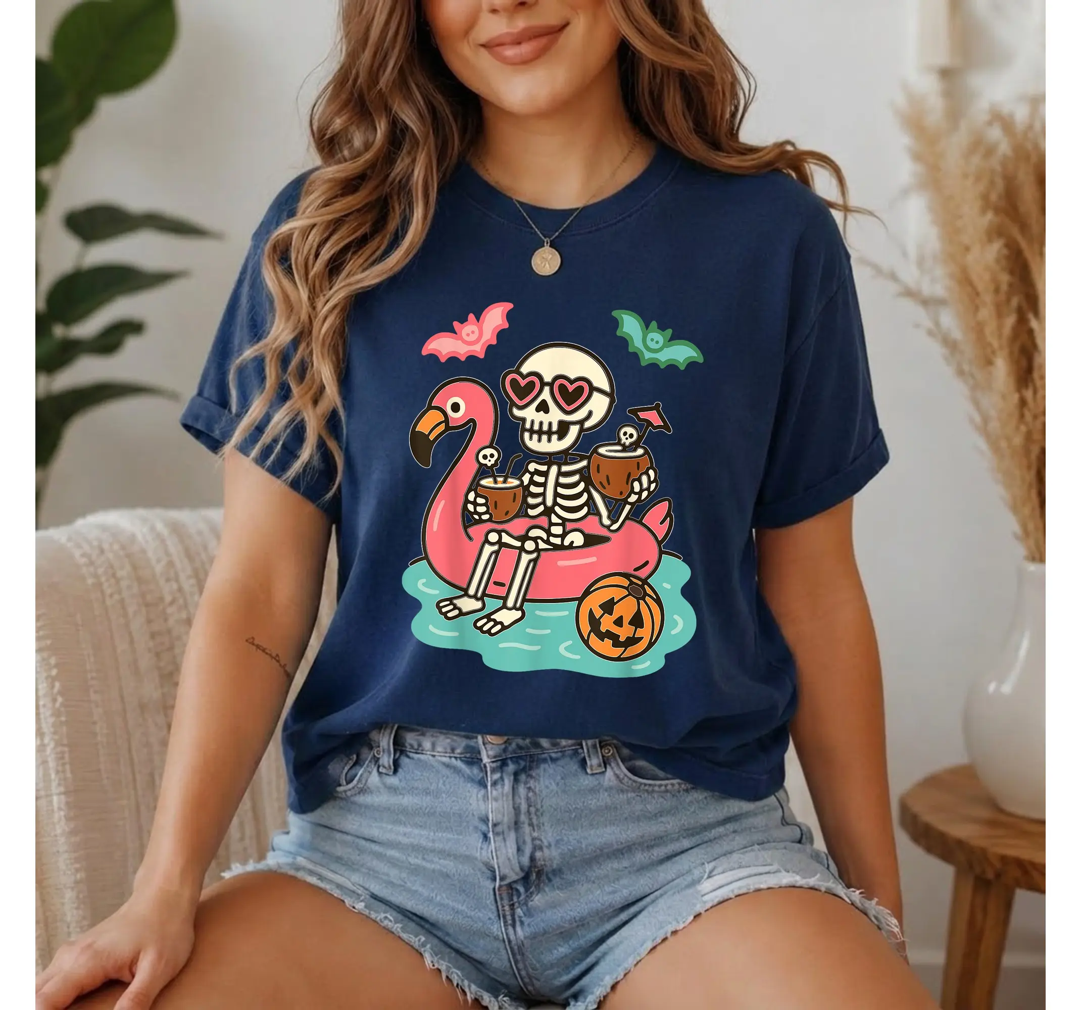 Spooky Summerween Skeleton Shirt, Cute Flamingo Float Halloween Summer Graphic Tee - photo 4
