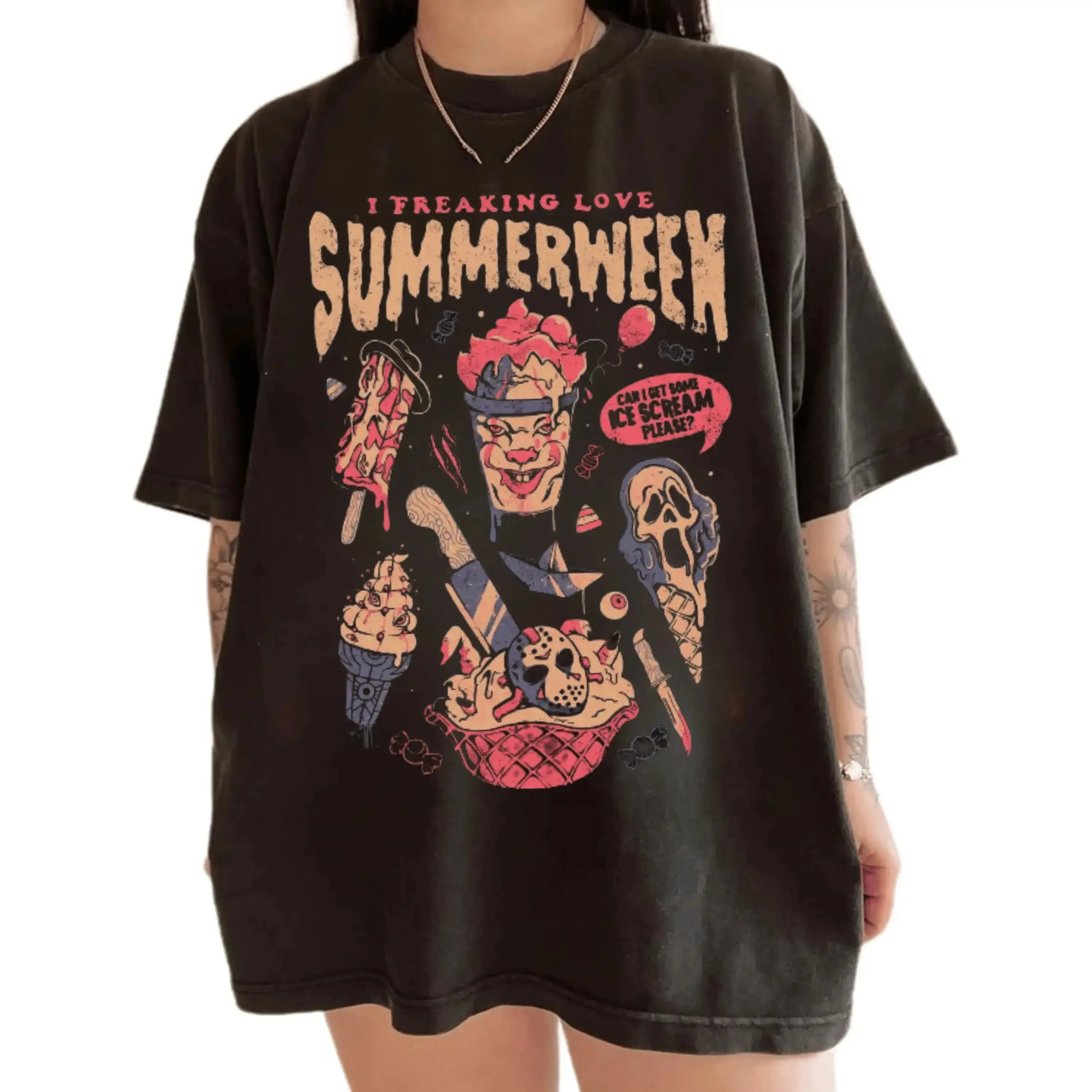 Spooky Summerween Shirt for Women, Happy Summer Vibes Halloween Graphic Tee, Fun Cotton Crewneck Top