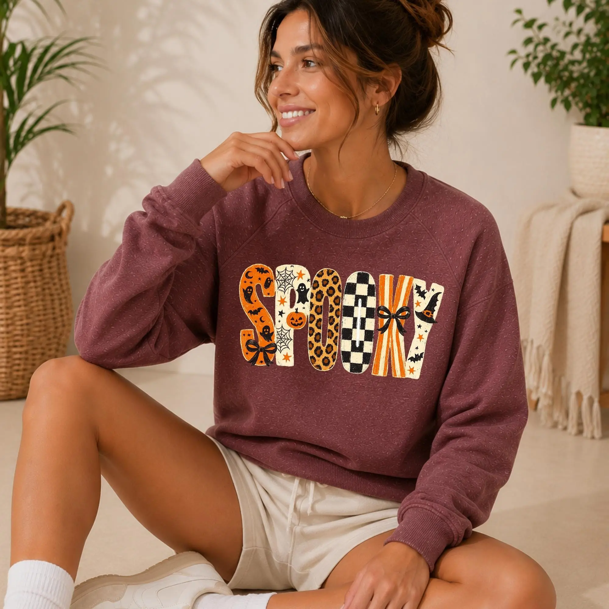 Spooky Halloween Sweatshirt for Women, Cute Ghost Pumpkin Crewneck, Vintage Cozy Autumn Fall Pullover - photo 4