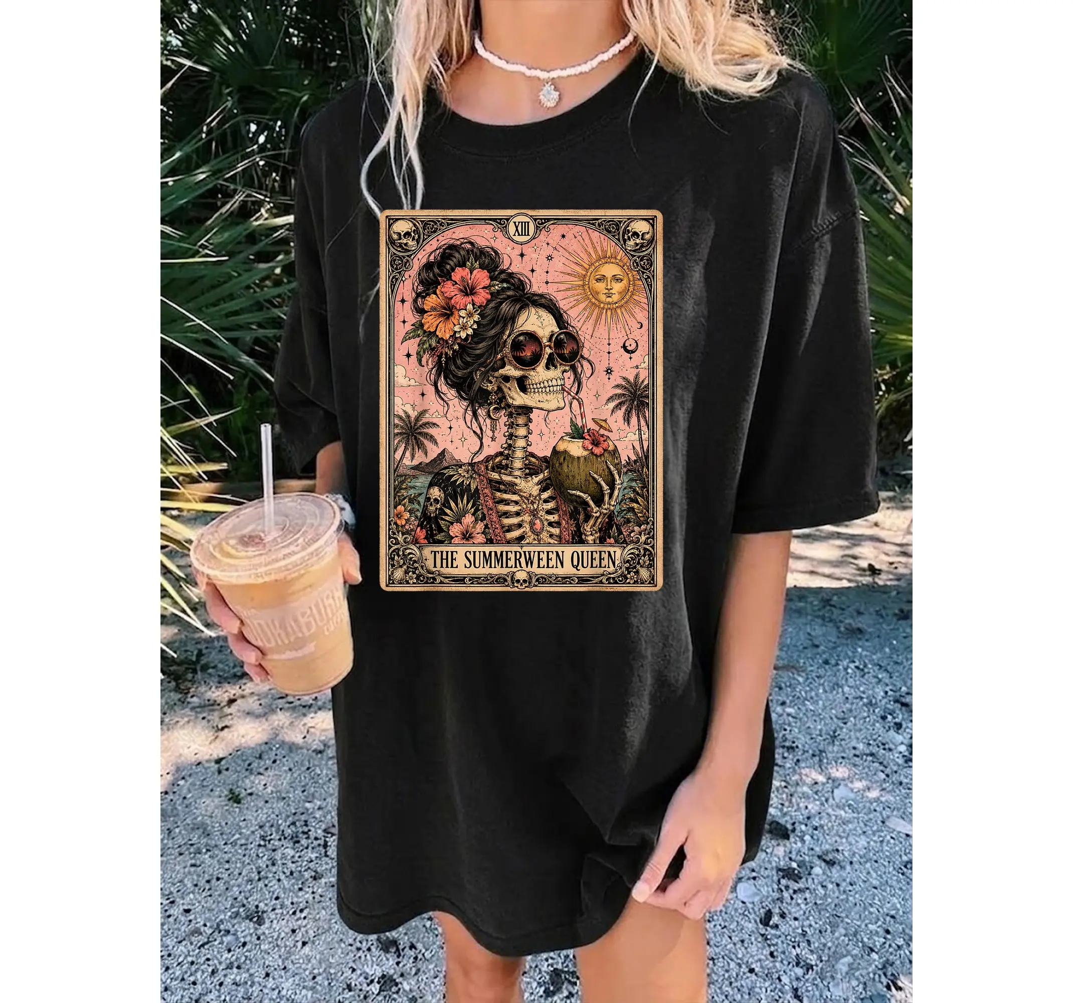 Spooky Tarot Skeleton T-Shirt, Funny Summerween Cute Ghoul Witchy Halloween Graphic Tee for Women