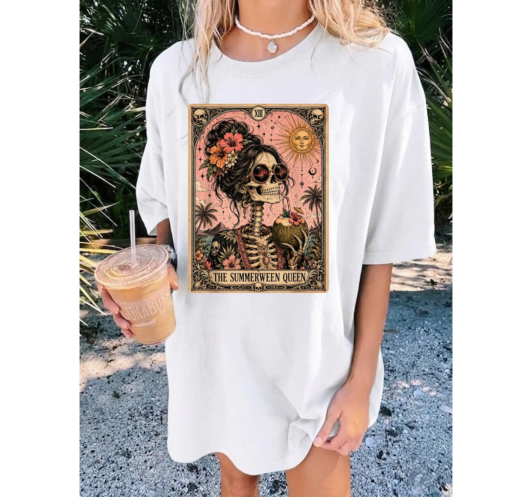Spooky Tarot Skeleton T-Shirt, Funny Summerween Cute Ghoul Witchy Halloween Graphic Tee for Women - photo 2