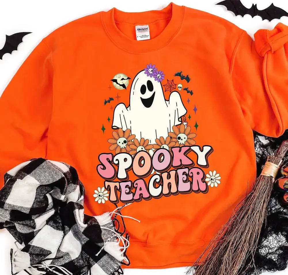 Spooky Teacher Halloween Ghost Sweatshirt, Retro Kindergarten Tee, Womens Funny Squad Fall Graphic Top - photo 1