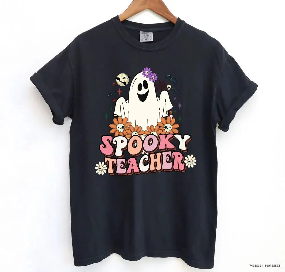 Spooky Teacher Halloween Ghost Sweatshirt, Retro Kindergarten Tee, Womens Funny Squad Fall Graphic Top - photo 2
