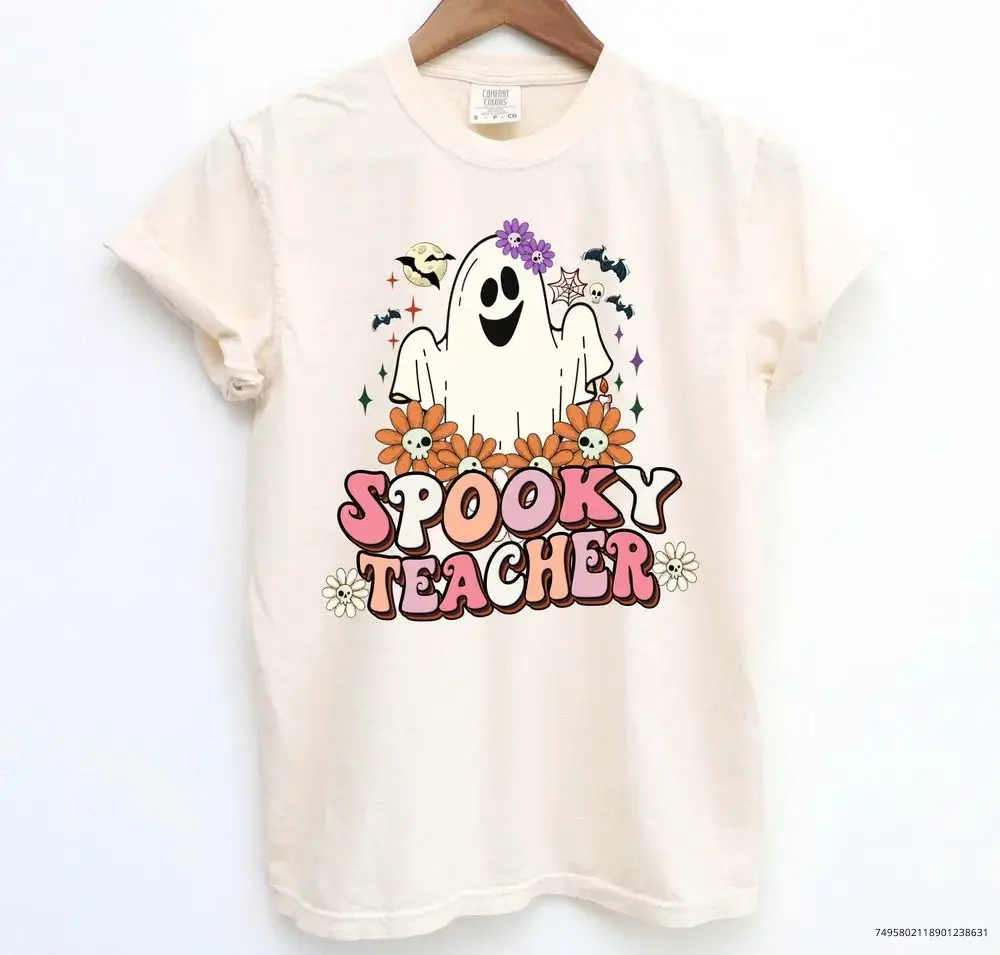 Spooky Teacher Halloween Ghost Sweatshirt, Retro Kindergarten Tee, Womens Funny Squad Fall Graphic Top - photo 3