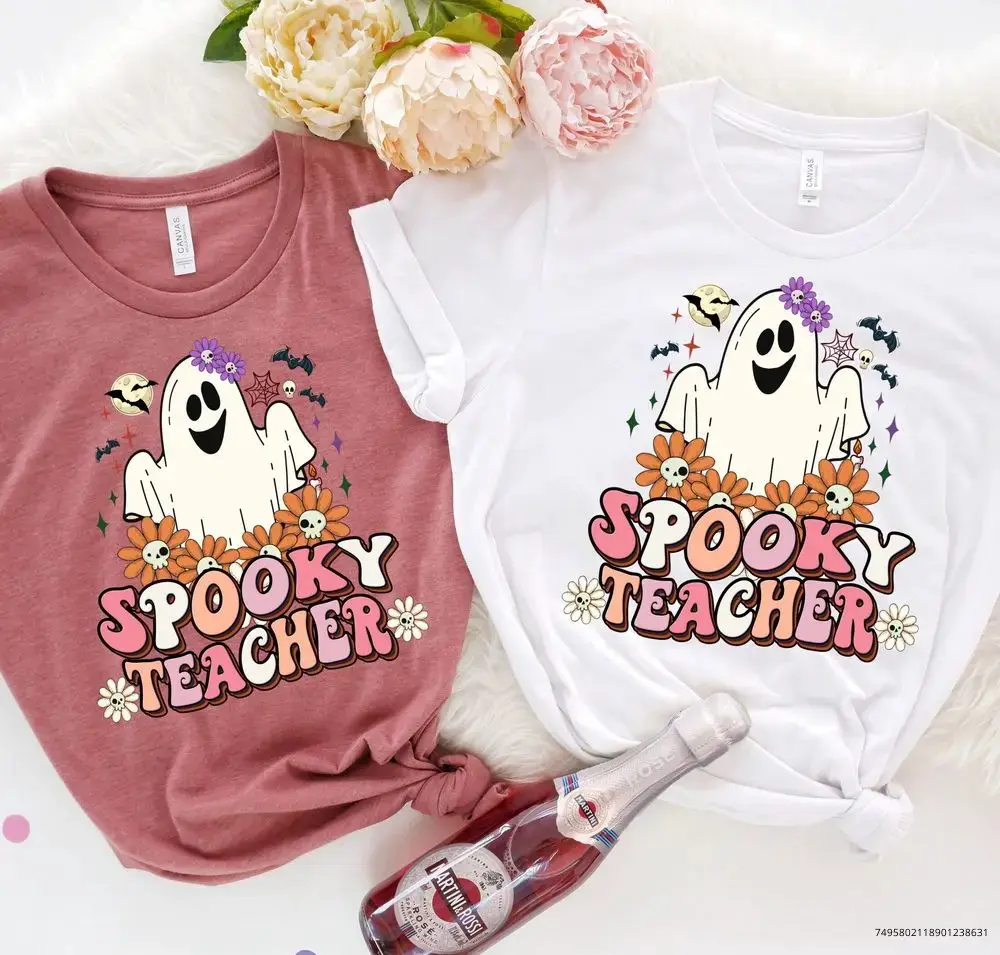 Spooky Teacher Halloween Ghost Sweatshirt, Retro Kindergarten Tee, Womens Funny Squad Fall Graphic Top - photo 4