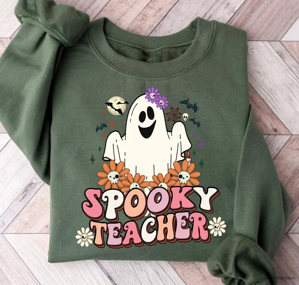 Spooky Teacher Halloween Ghost Sweatshirt, Retro Kindergarten Tee, Womens Funny Squad Fall Graphic Top - photo 5