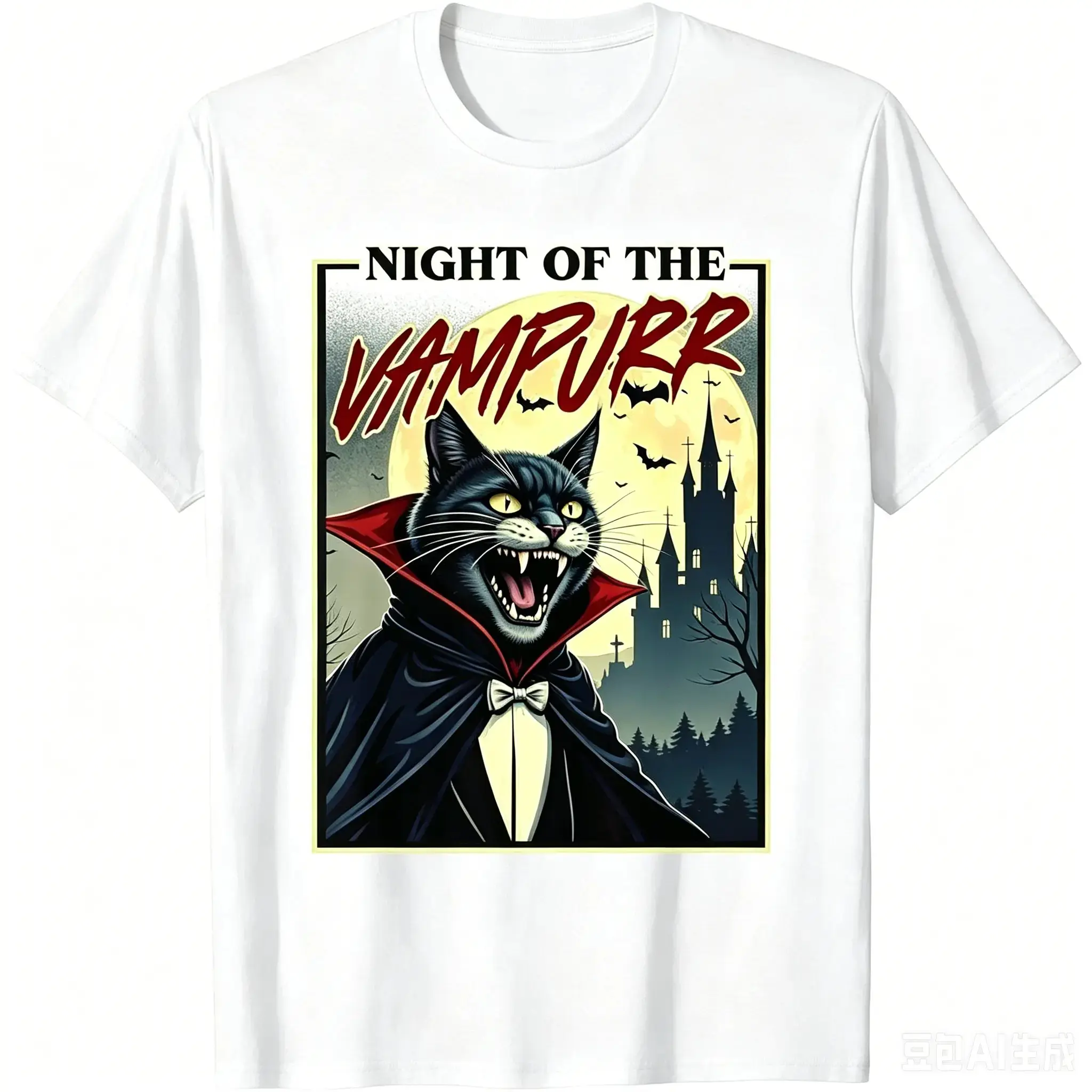 Spooky Vampurr Vampire Cat Halloween Shirt, Full Moon Castle Gothic Horror Streetwear Unisex Cotton Tee