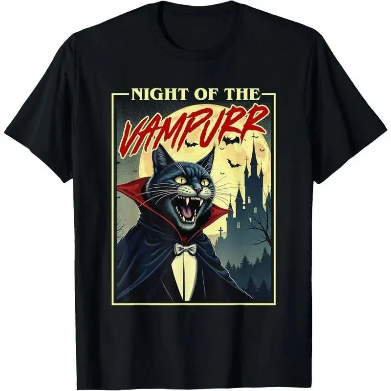 Spooky Vampurr Vampire Cat Halloween Shirt, Full Moon Castle Gothic Horror Streetwear Unisex Cotton Tee - photo 2