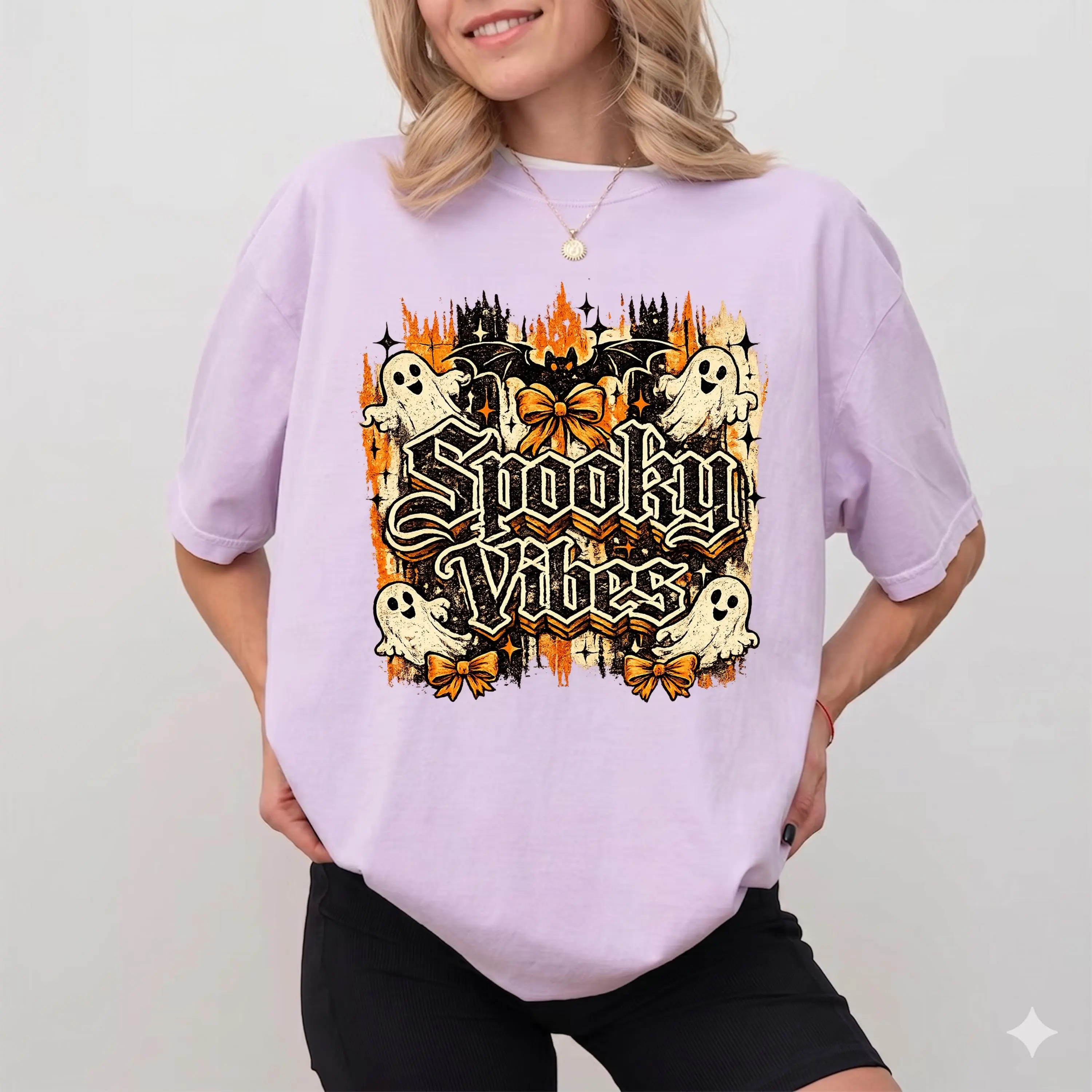 Spooky Vibes Ghost T-Shirt for Women, Cute Halloween Comfort Colors Tee, Autumn Fall Season Graphic Outfit Top - photo 5