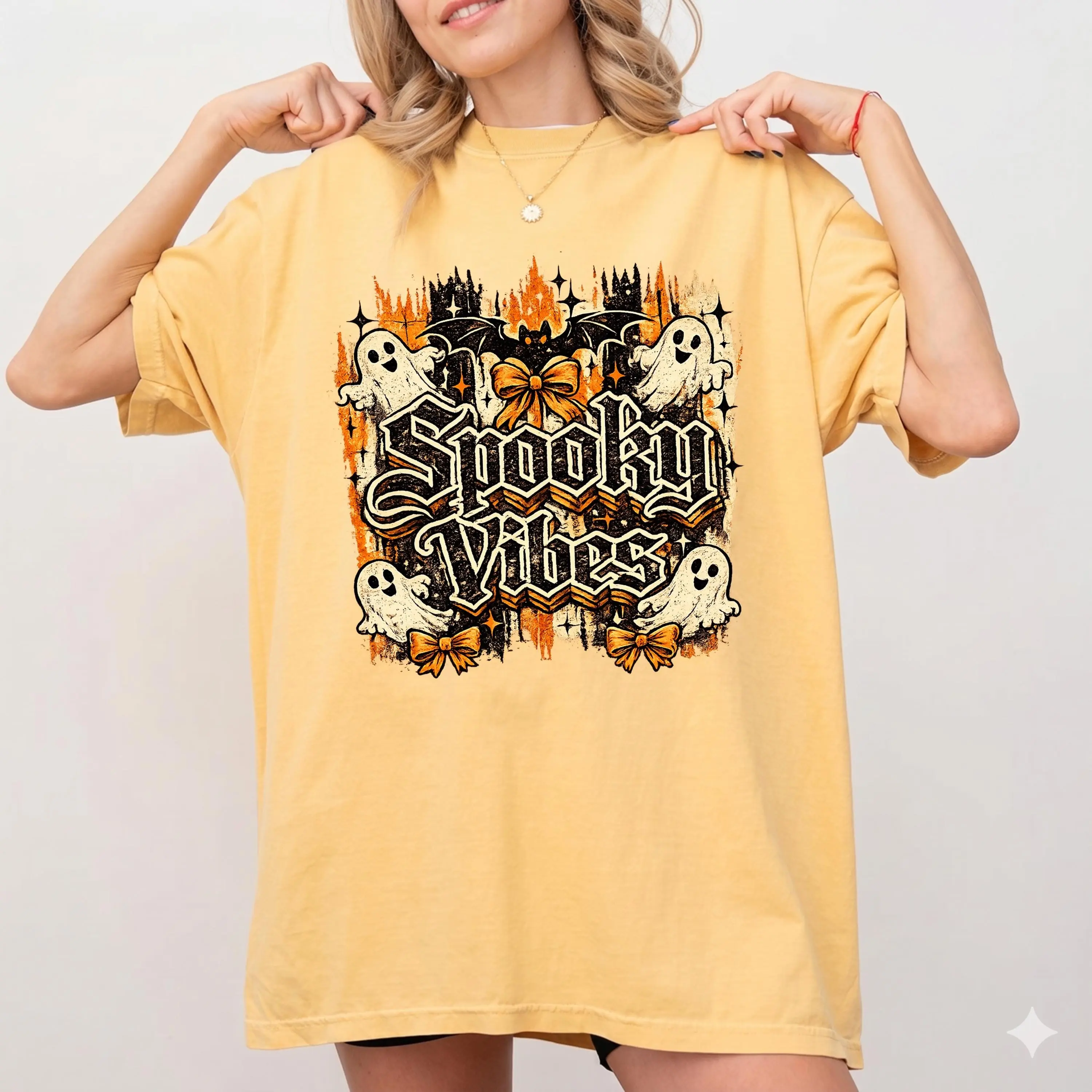 Comfort Colors Spooky Vibes T-Shirt, Cute Ghost Halloween Tee, Gentle Autumn Charm Fall Outfit Top - photo 3