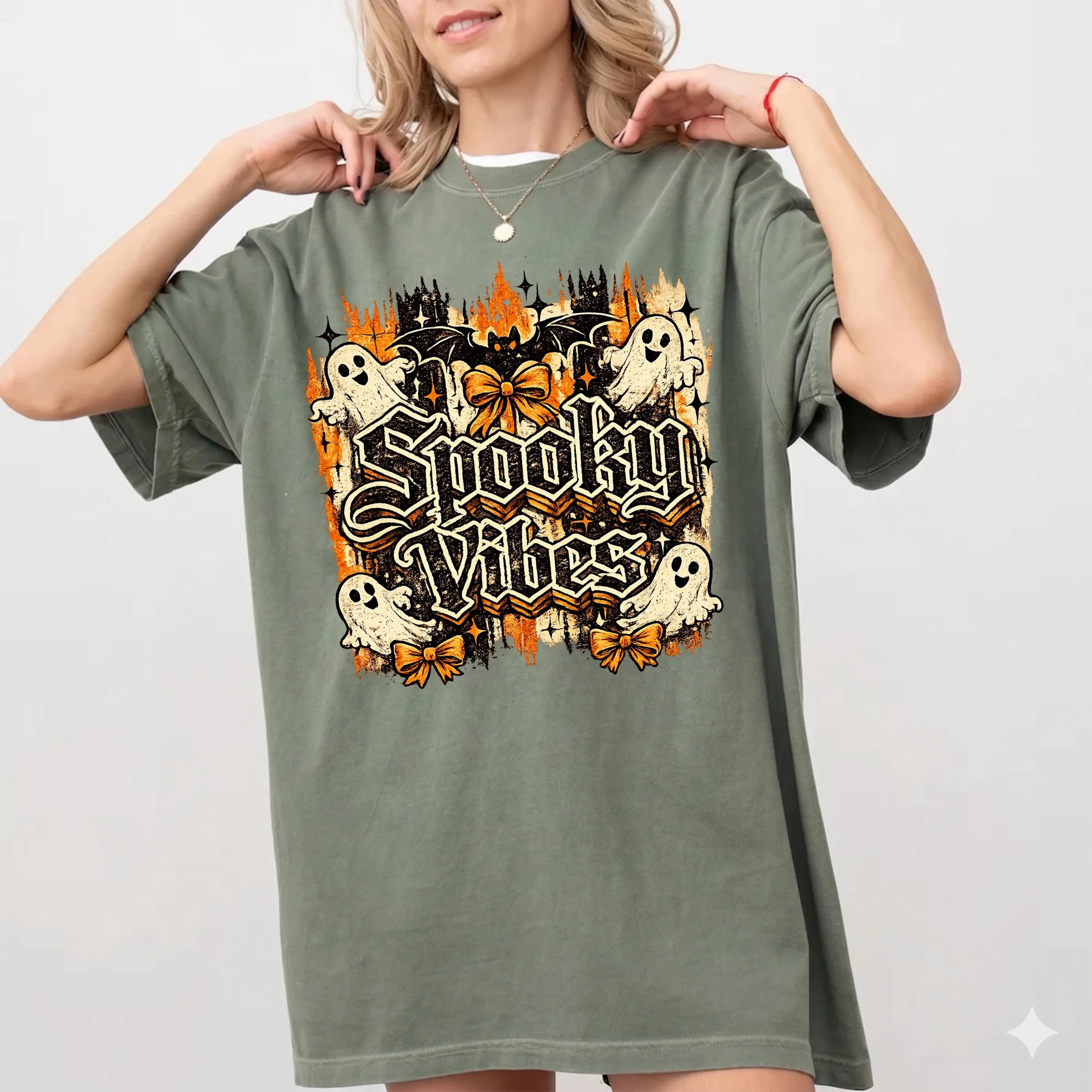 Comfort Colors Spooky Vibes T-Shirt, Cute Ghost Halloween Tee, Gentle Autumn Charm Fall Outfit Top - photo 4