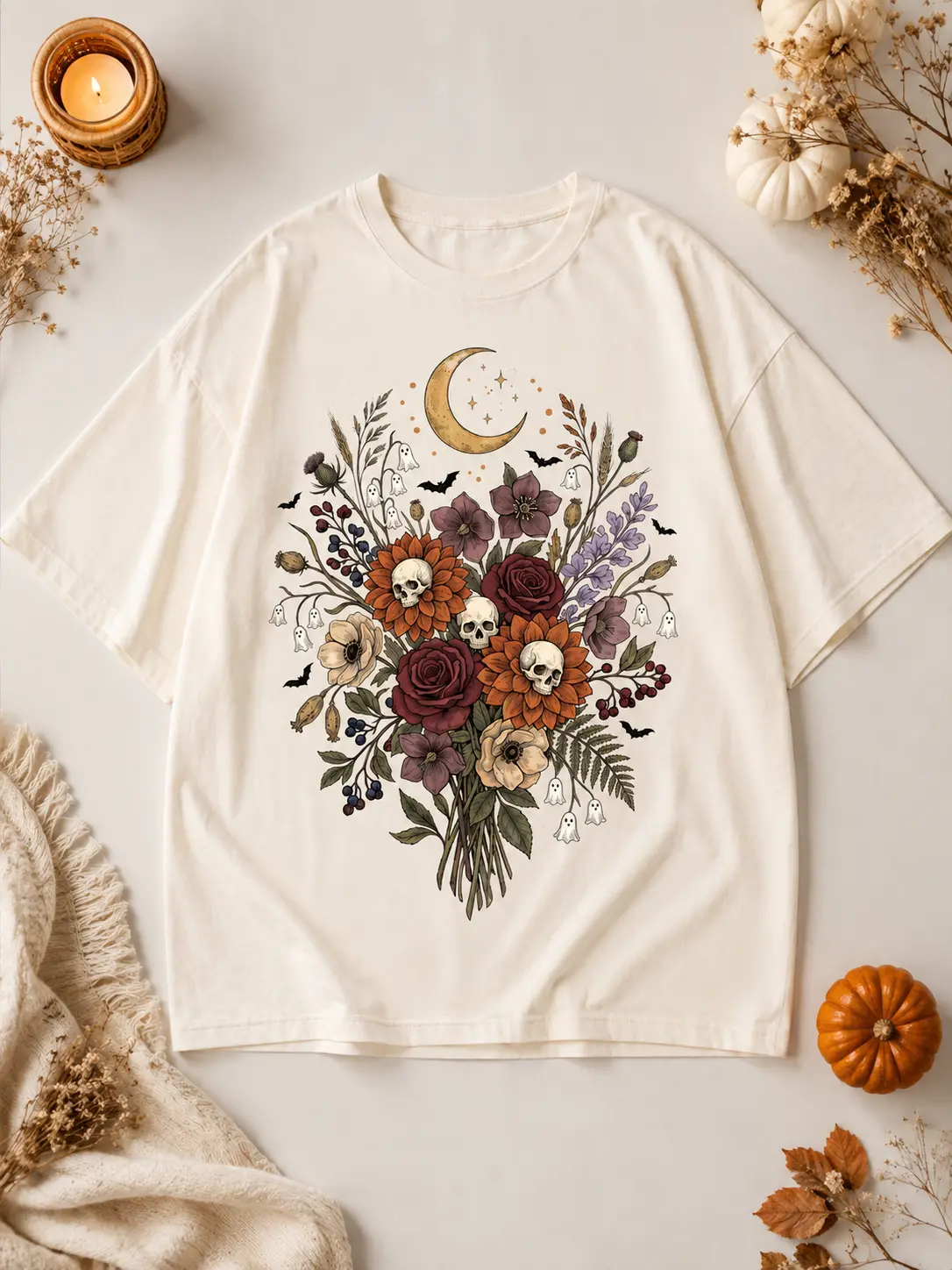 Spooky Wildflower Shirt, Halloween Floral Skull Graphic Tee, Cottagecore Autumn Retro Fall Top for Women