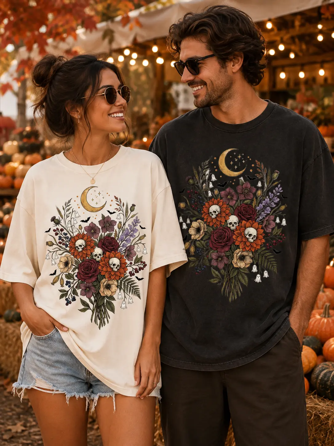 Spooky Wildflower Shirt, Halloween Floral Skull Graphic Tee, Cottagecore Autumn Retro Fall Top for Women - photo 2