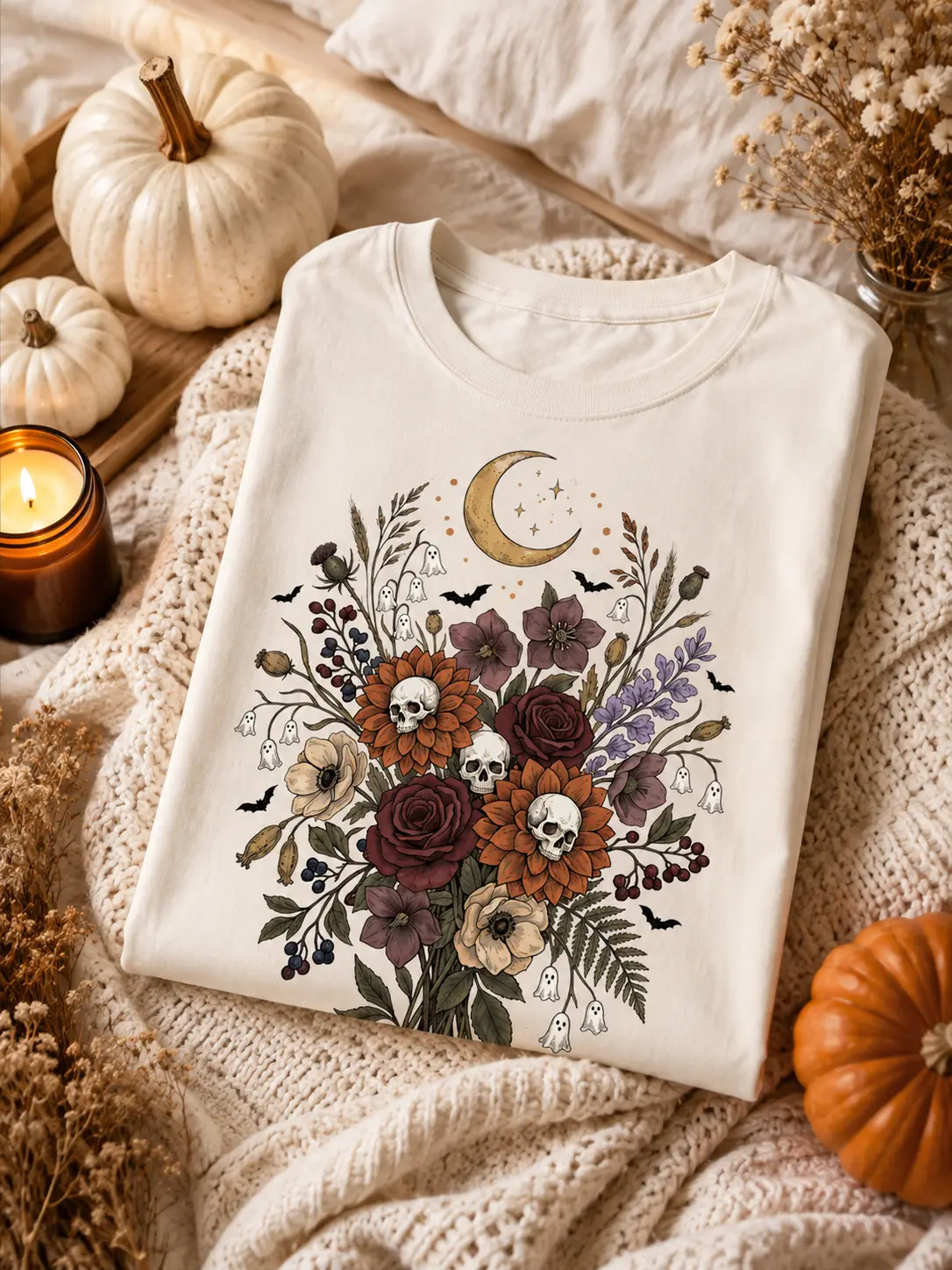 Spooky Wildflower Shirt, Halloween Floral Skull Graphic Tee, Cottagecore Autumn Retro Fall Top for Women - photo 3