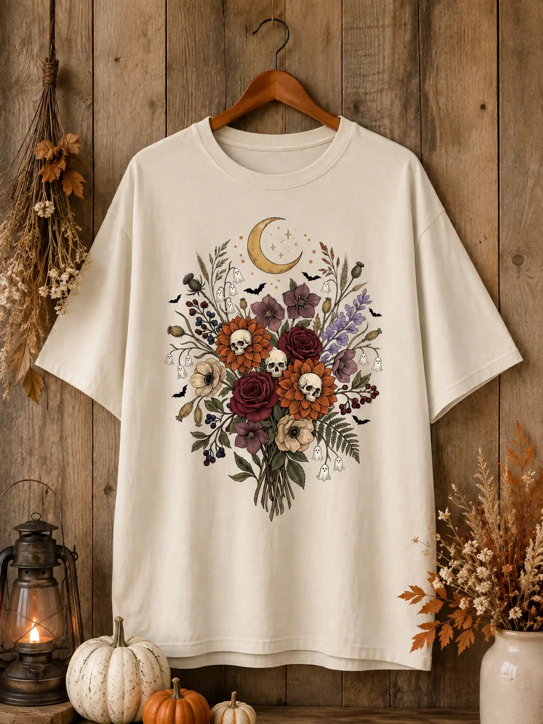 Spooky Wildflower Shirt, Halloween Floral Skull Graphic Tee, Cottagecore Autumn Retro Fall Top for Women - photo 4