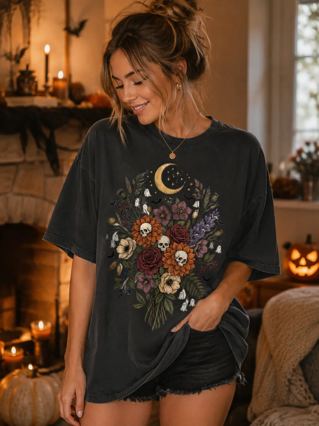 Spooky Wildflower Shirt, Halloween Floral Skull Graphic Tee, Cottagecore Autumn Retro Fall Top for Women - photo 5